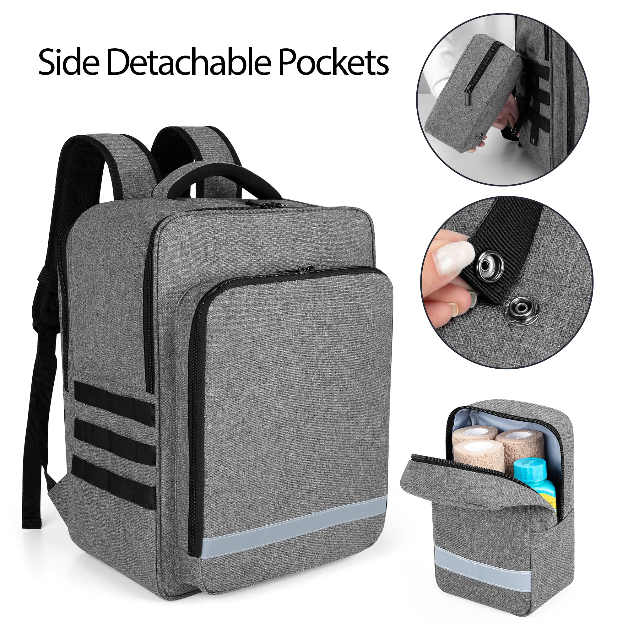 TRUNAB Emergency Medical Backpack – Modular EMT-Style Organizer with Detachable Side Pockets & Non-Slip Base (Grey)
