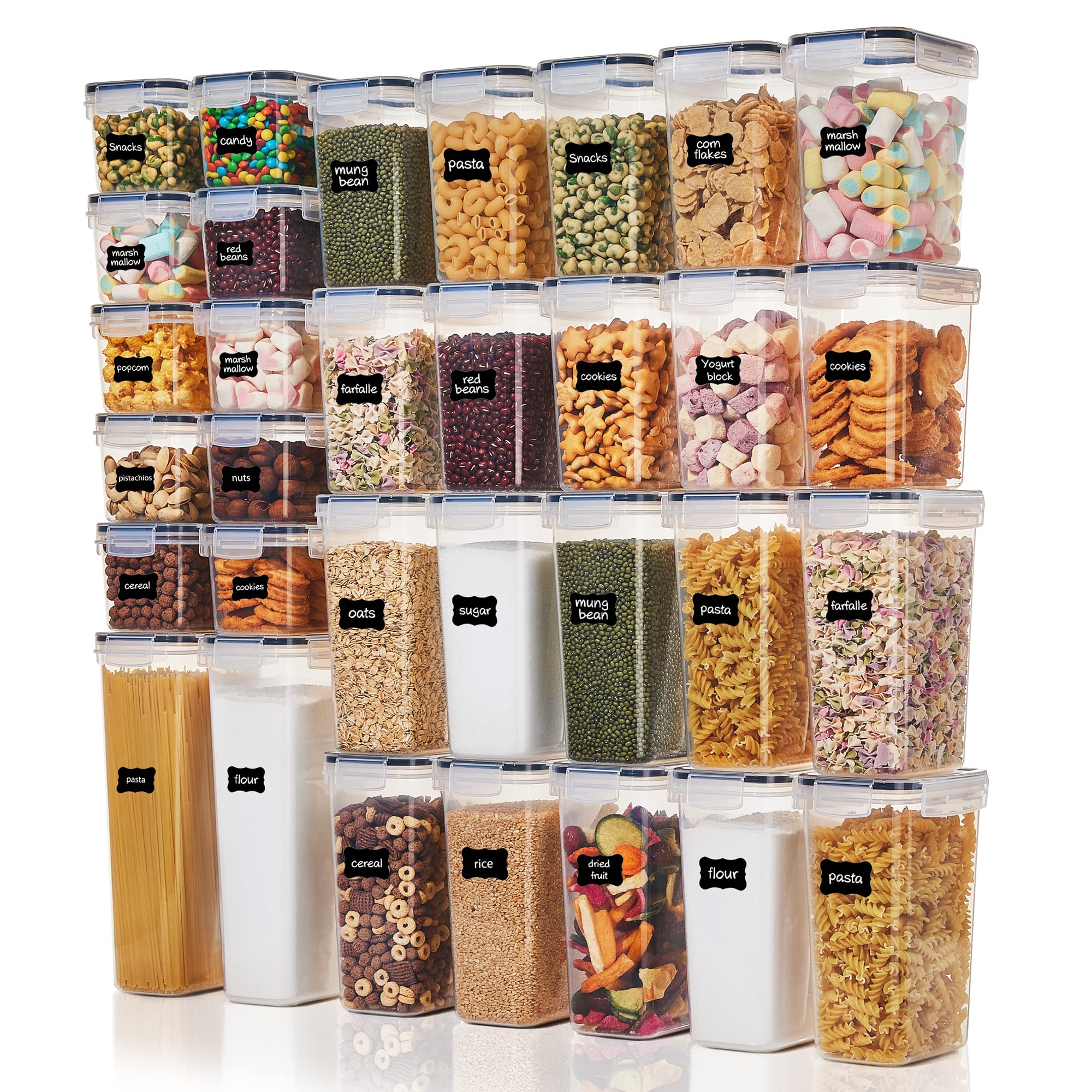 32-Piece Airtight Pantry Storage Containers Set – Stackable BPA-Free Canisters with Reusable Labels (Clear/Black)