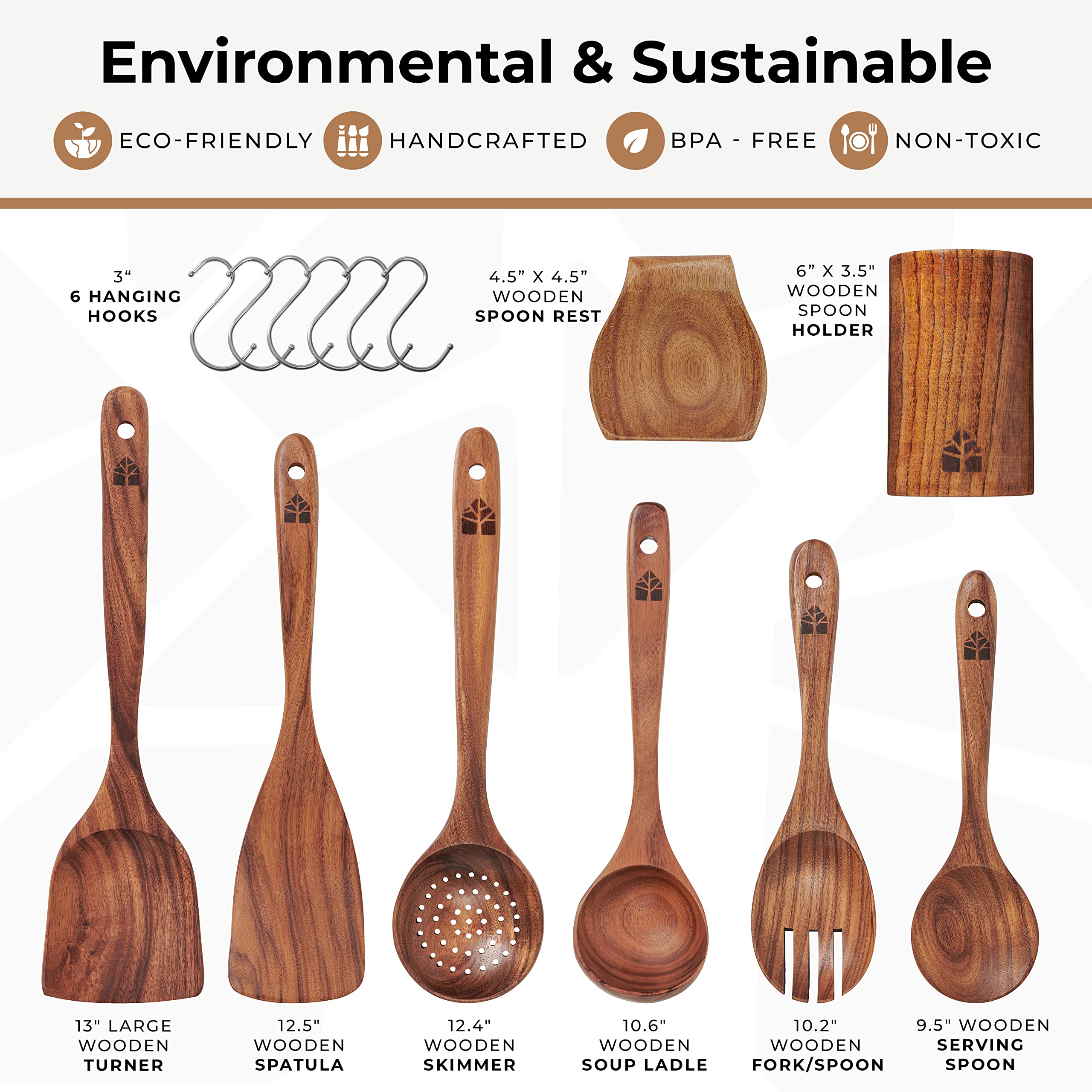 Premium 8-Piece Teak Wood Cooking Utensil Set with Holder – Natural, Non-Toxic & Non-Stick Safe