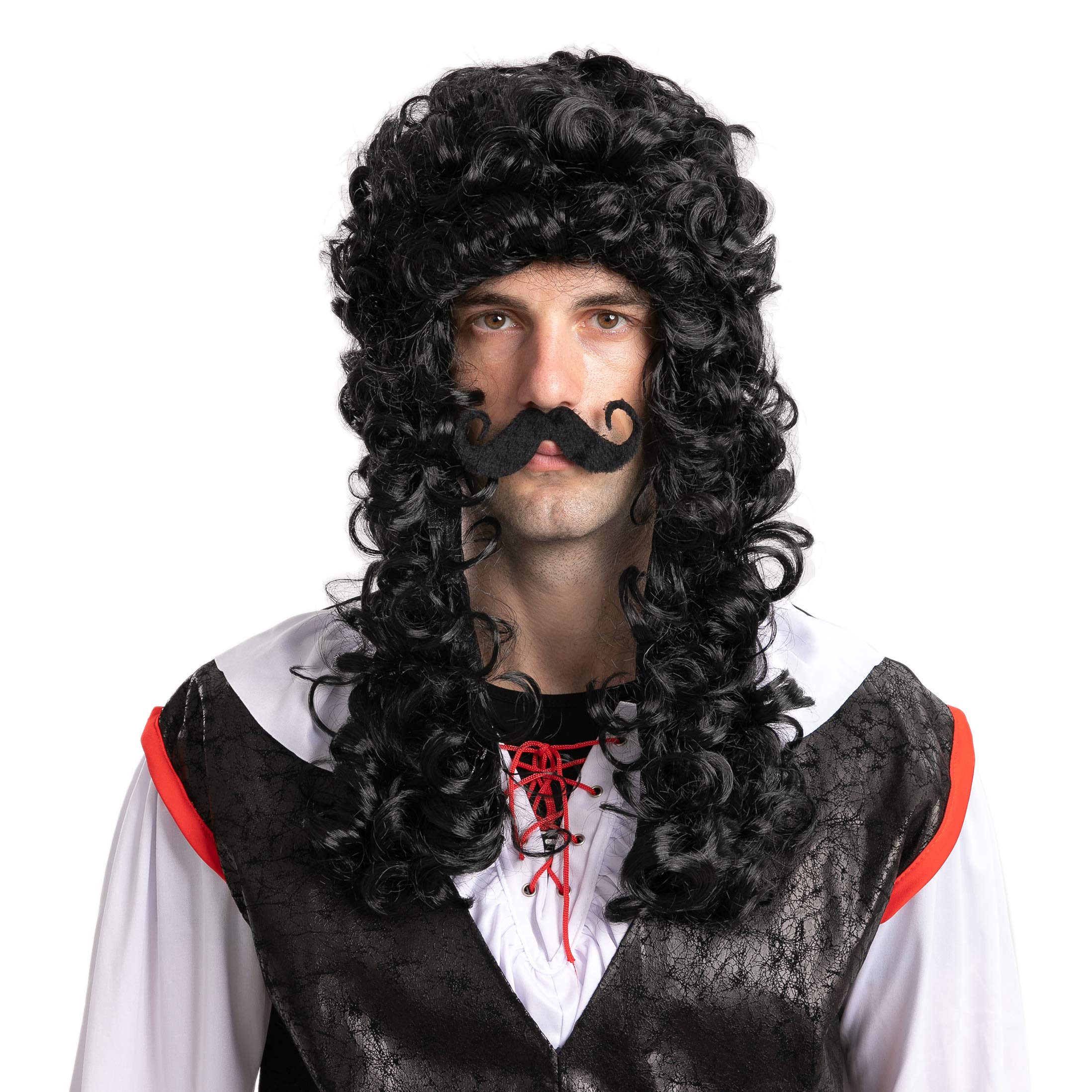 Black Pirate Wig & Mustache Set – Halloween Costume Accessory for Adults