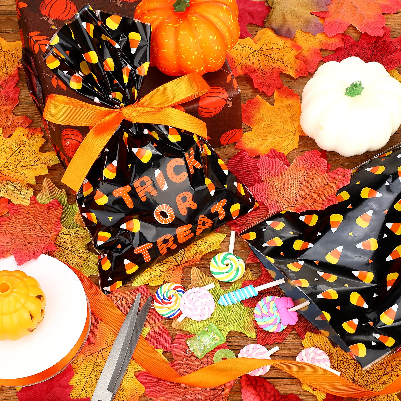 🎁 100 Pack Candy Corn Cello Bags with Ribbon – Halloween & Holiday Treat Bags (9x6 Inches, Includes 22-Yard Ribbon Roll)