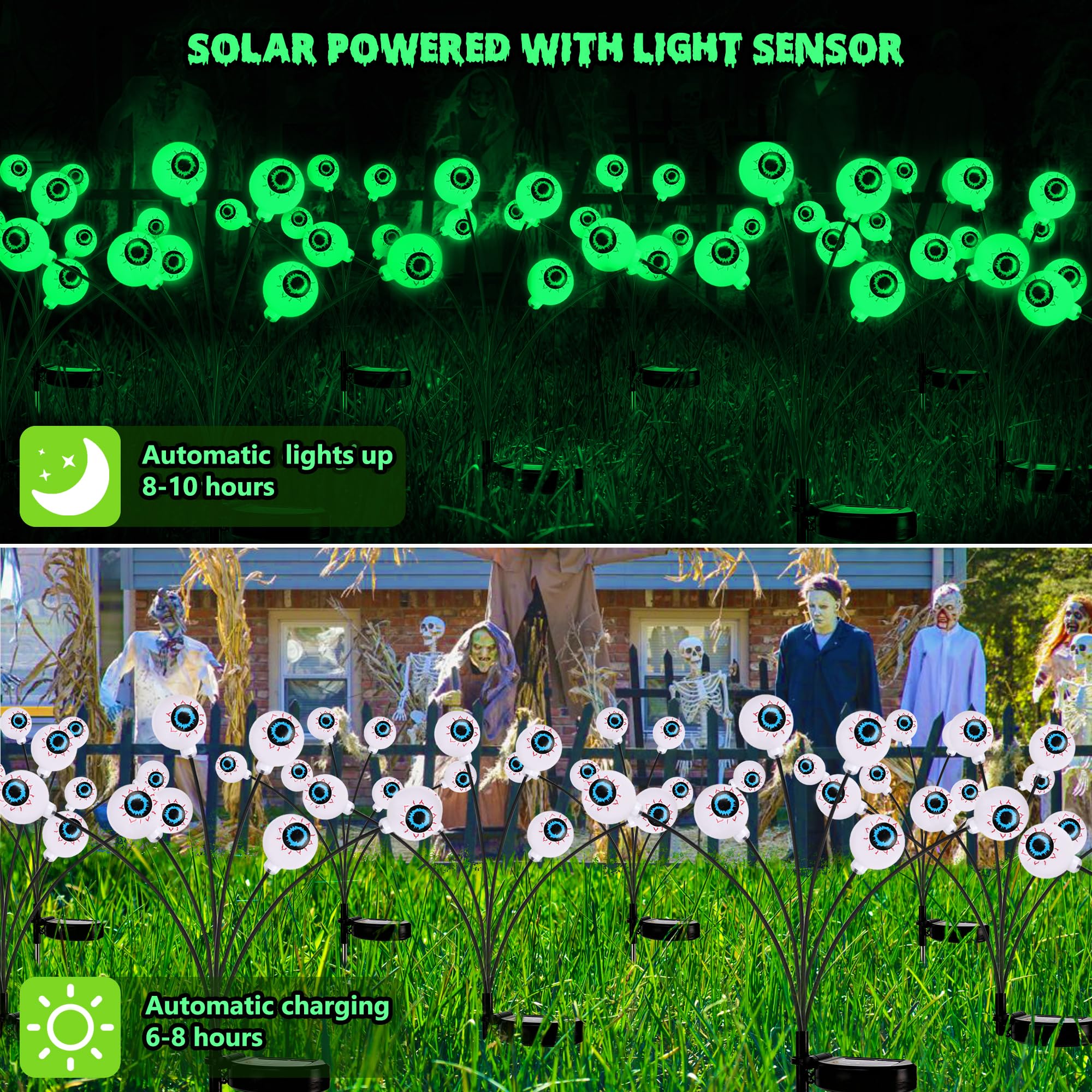 Solar Halloween Eyeball Lights – Green Swaying LED Pathway Lights with Flash Modes, Waterproof Outdoor Yard Decor