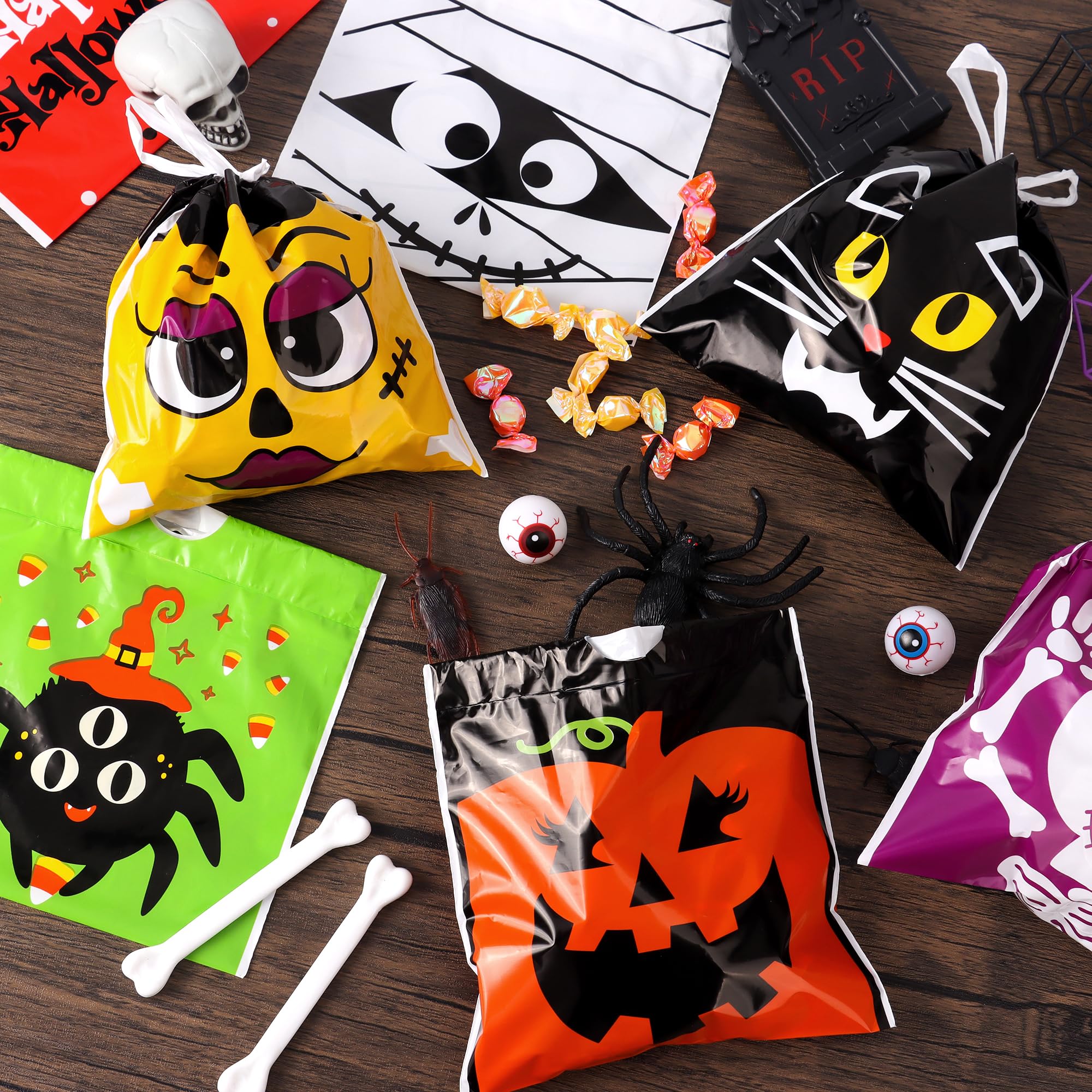 96-Pack Halloween Drawstring Candy Bags – 12 Cute Designs, Durable 6x6" Trick-or-Treat Goodie Bags for Kids & Parties