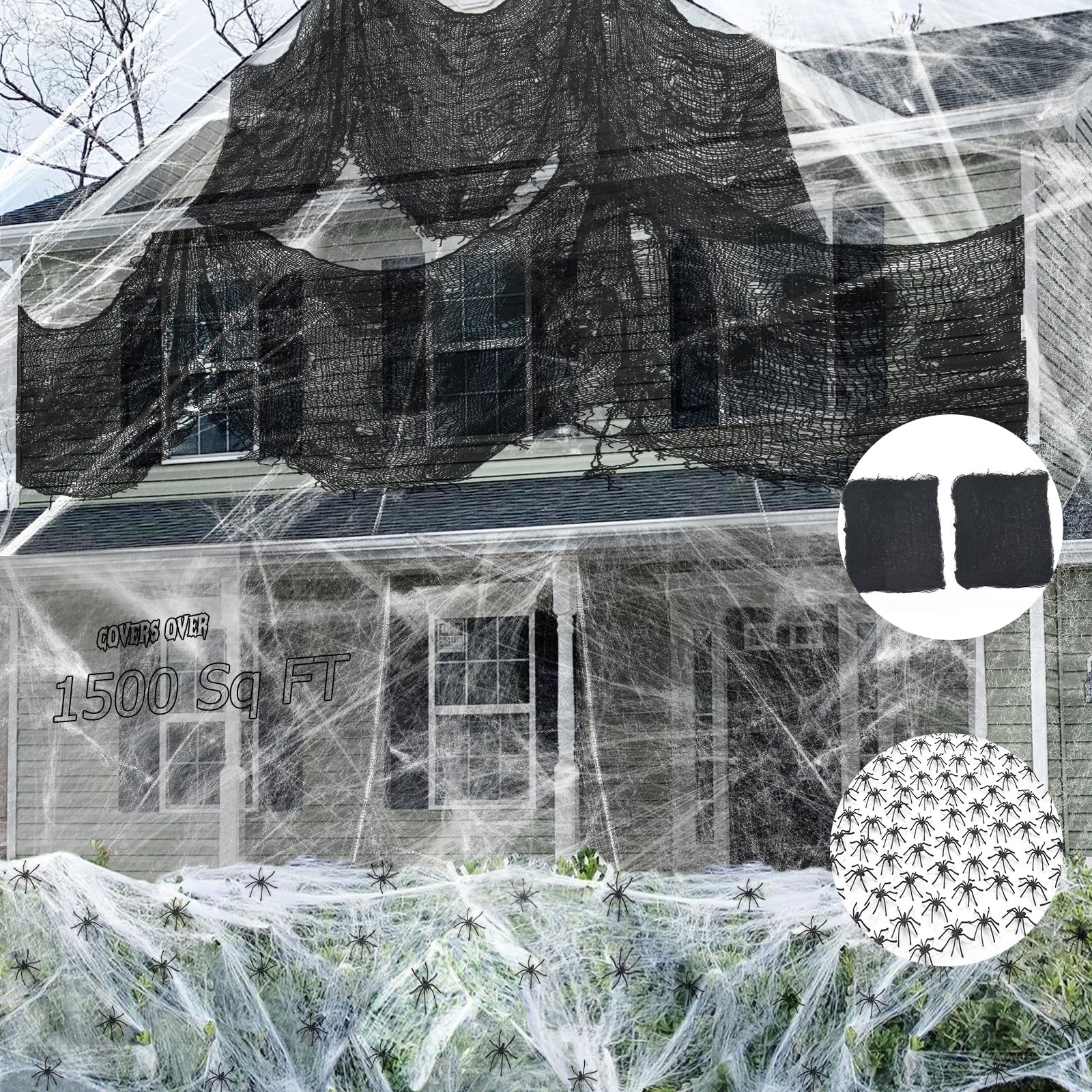 Halloween Spider Web & Creepy Cloth Decoration Set – 1500 Sqft Stretchy Web with 100 Spiders & 2 Black Cloths for Indoor/Outdoor Haunted Décor