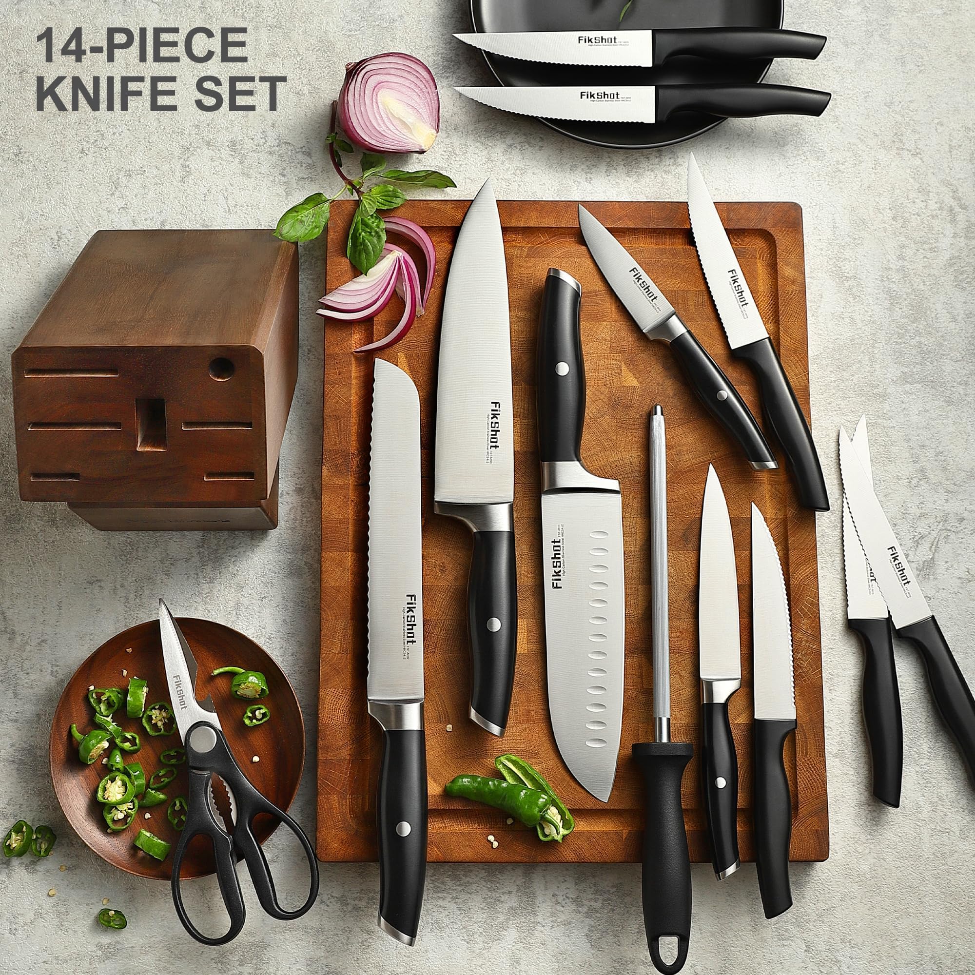 14-Piece Professional Knife Block Set with Sharpener – Full Tang Stainless Steel Kitchen Knives
