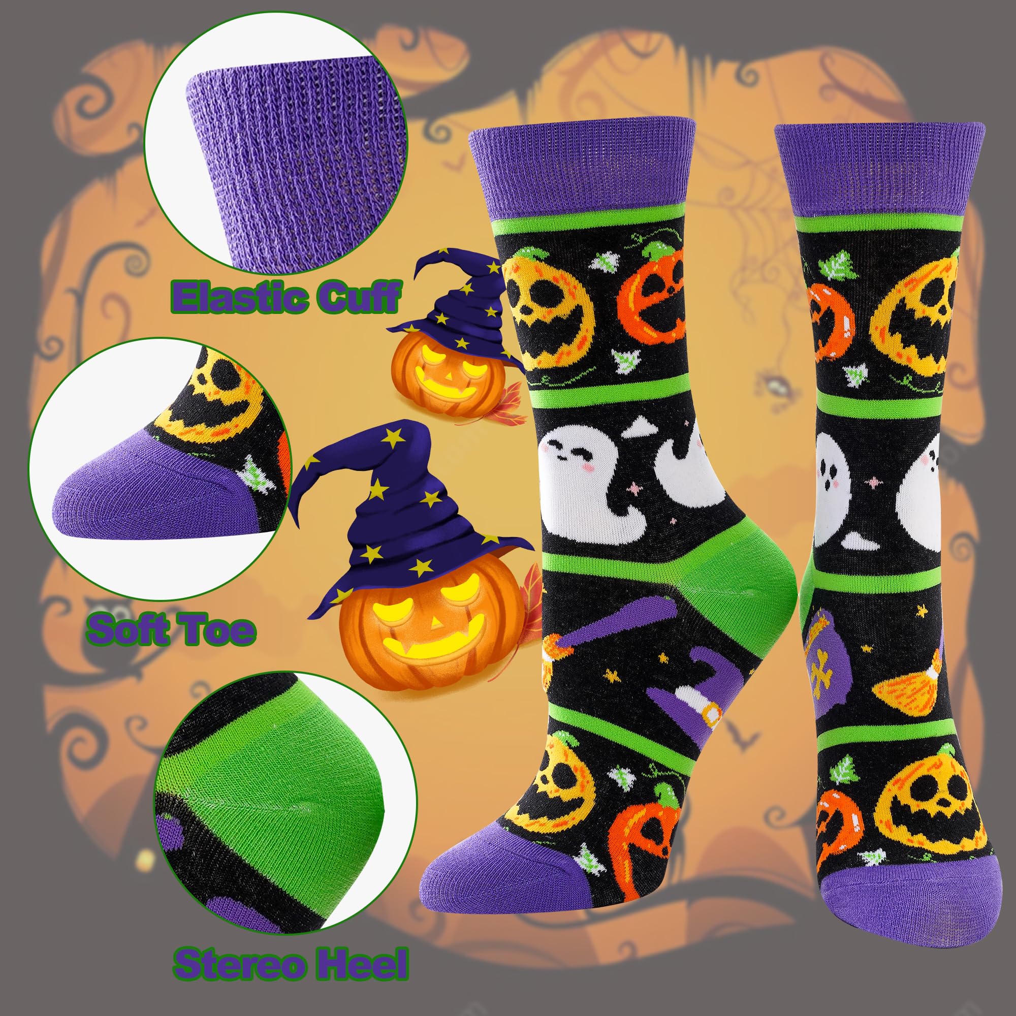 6Pairs Women’s Halloween Socks – Pumpkin, Ghost, Witch, Owl & Skeleton Crew Socks for Festive Comfort