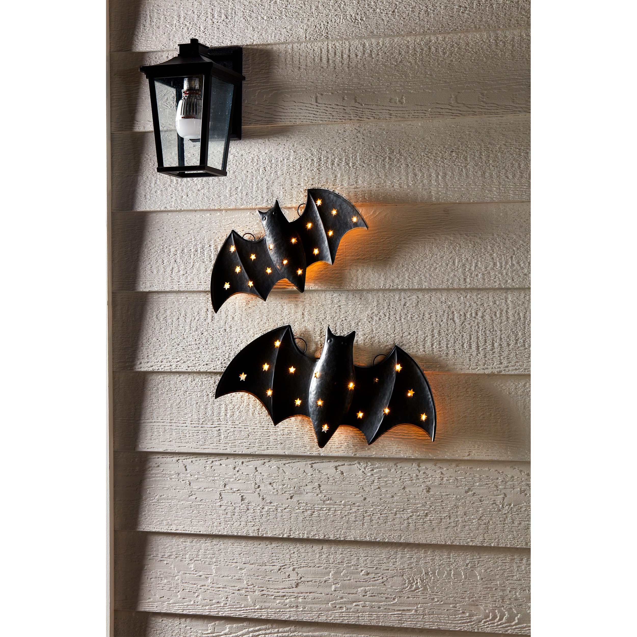Small LED Bat Decor – Hand-Painted Tin Halloween Light with Cut-Out Star Design – Battery Operated Home Accent