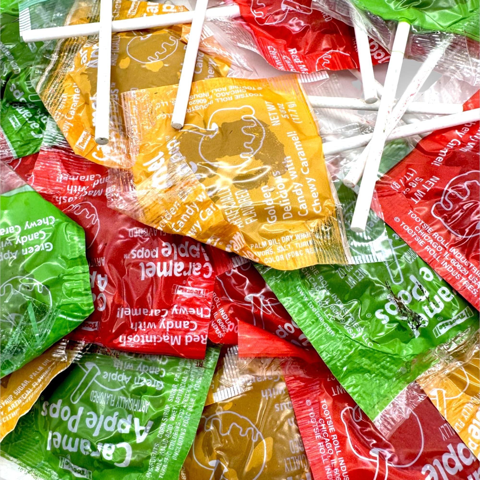 Caramel Apple Pops Variety Pack – Assorted Green Apple, Golden Delicious & Red Macintosh Flavors – Individually Wrapped Halloween Lollipops