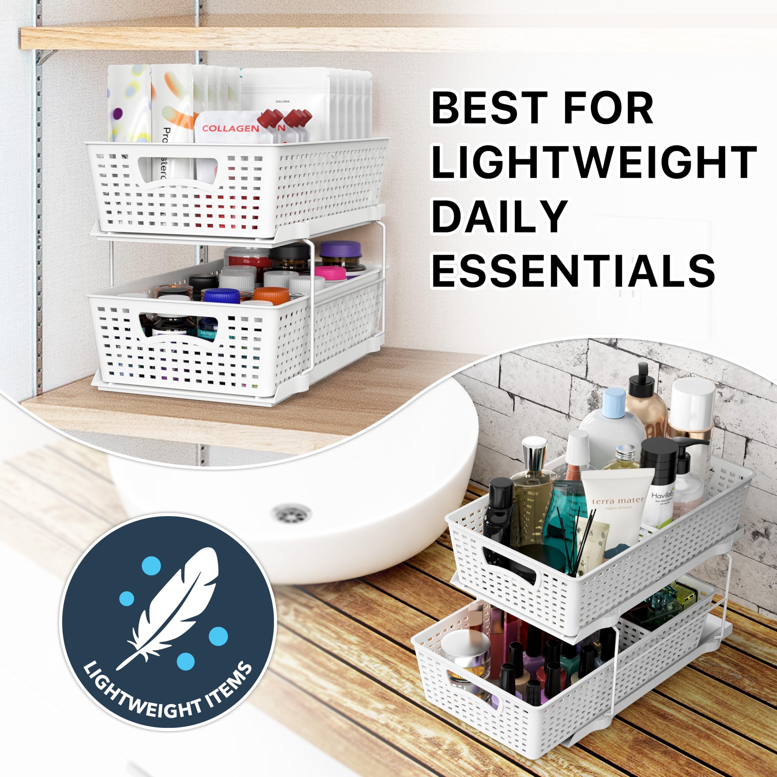 2-Tier Pull-Out Bathroom Organizer Tray – White Under-Sink Sliding Storage with Divider