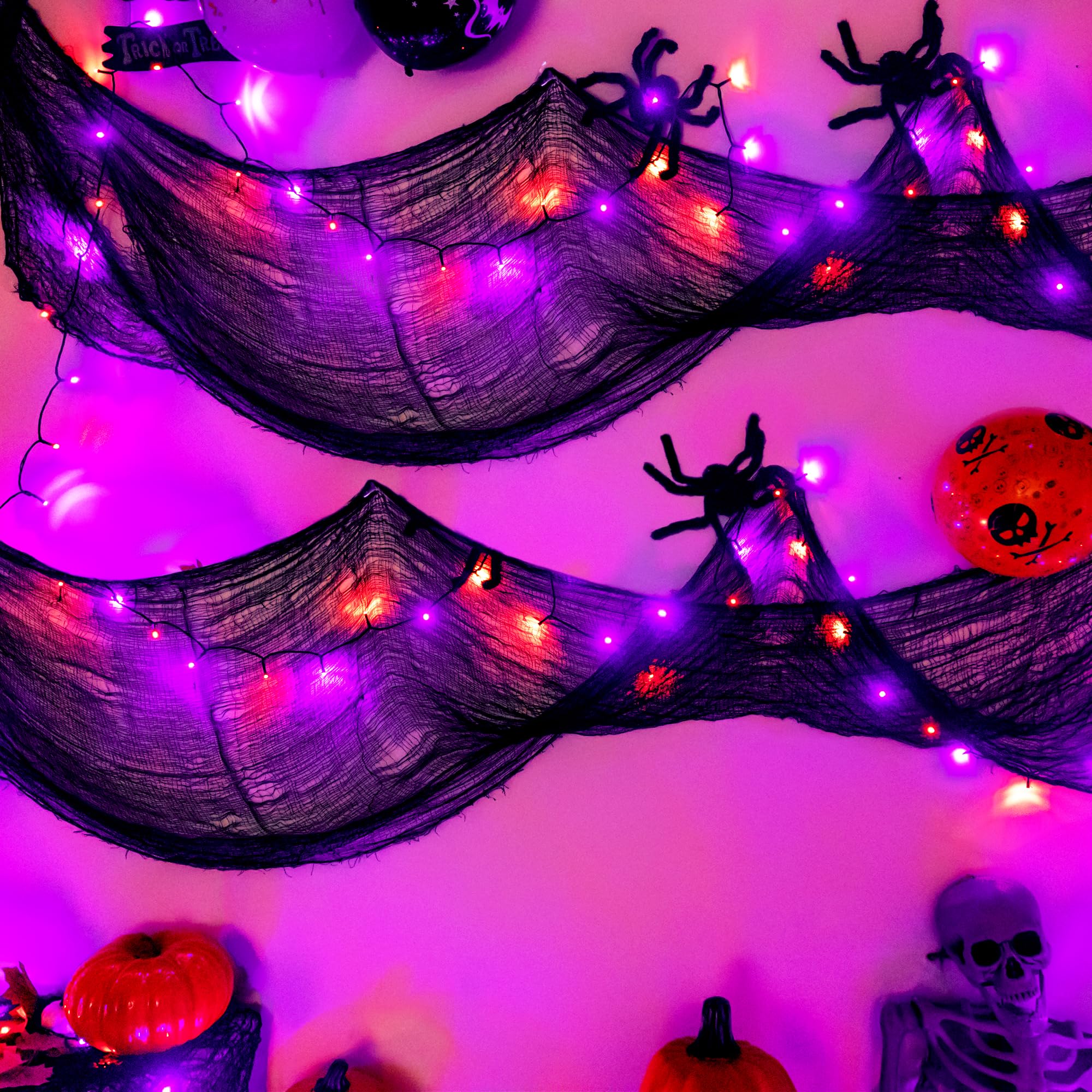 Halloween LED String Lights with Black Creepy Cloth – 50 LEDs Orange & Purple Lights, 8 Modes, Timer, Battery Powered (79 x 31 in)