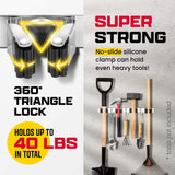 Effektivtools Self-Adhesive Mop & Broom Holder – Stainless Steel Wall Mount Organizer with 4 Clamps, 3 Hooks & Towel Clips (Clear)