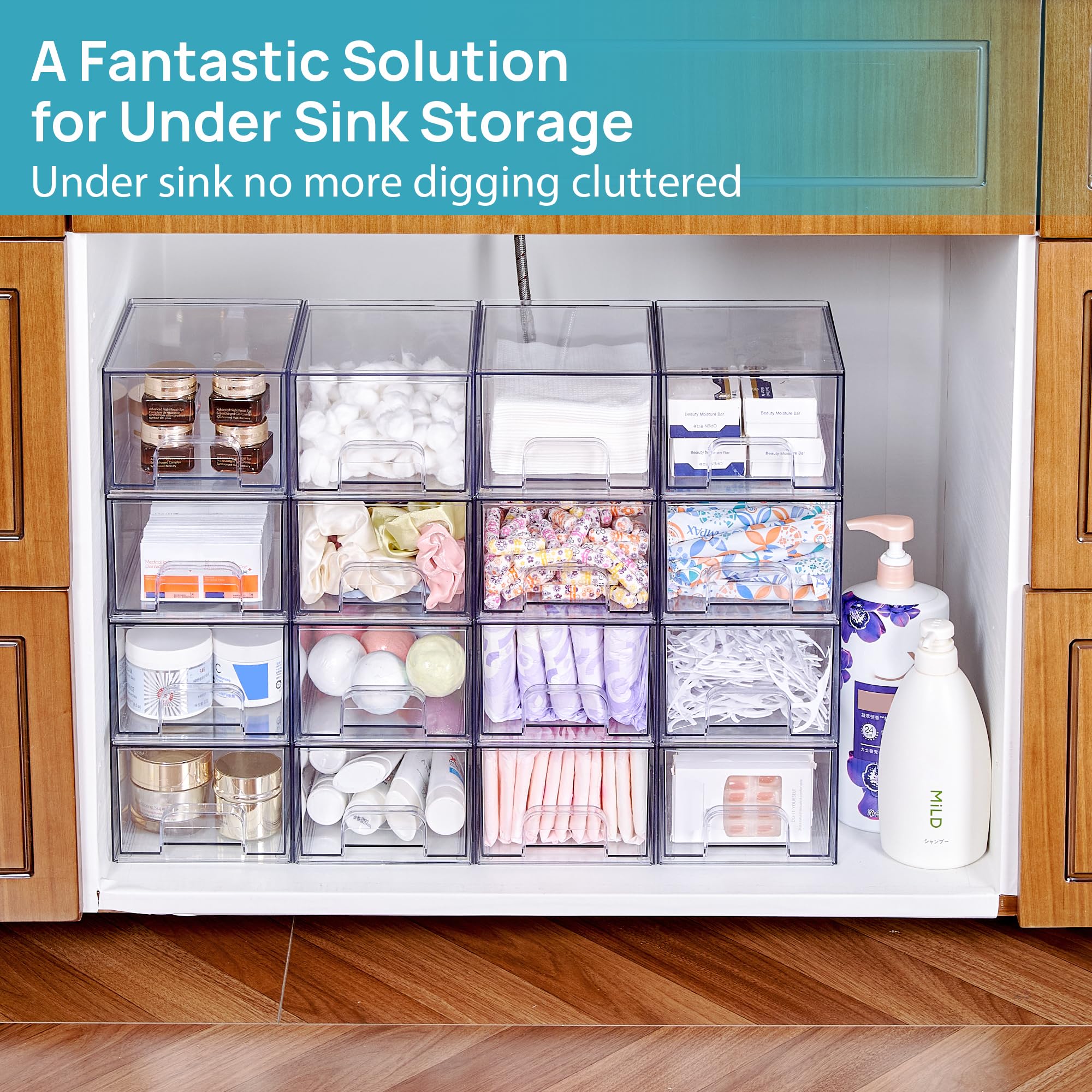 Clear Stackable Drawer Organizer Set (4-Pack) – Pull-Out Storage Drawers for Bathroom, Kitchen, Vanity & Pantry