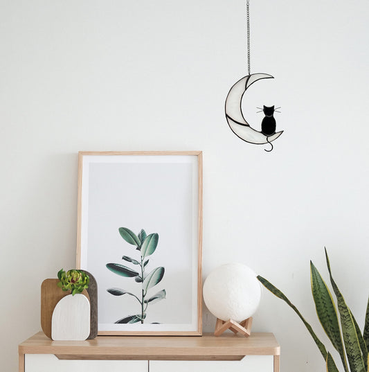 Black Cat on White Moon Stained Glass Suncatcher – Handmade Window Ornament for Halloween & Home Décor