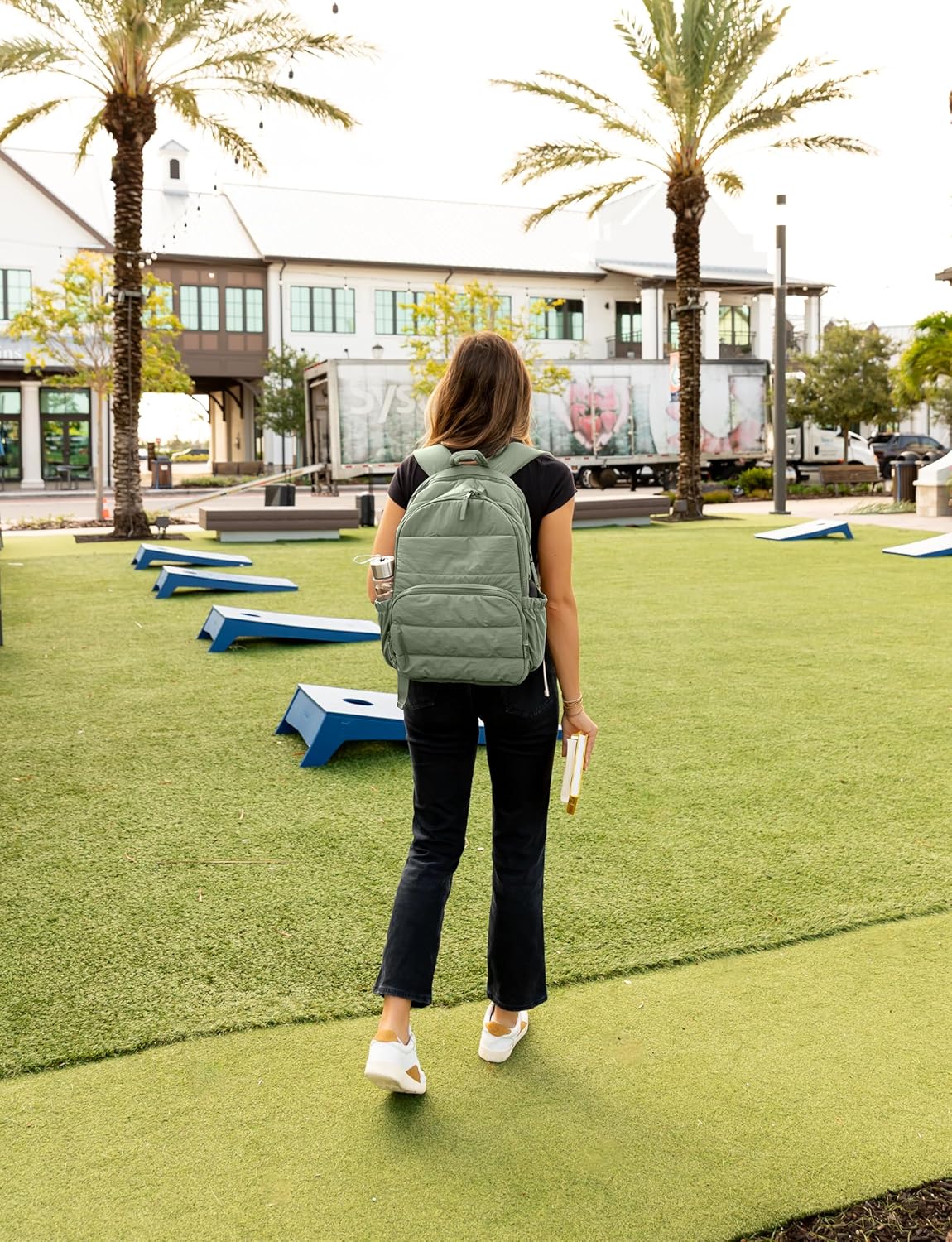 Sage Green Quilted School Backpack with Laptop Sleeve