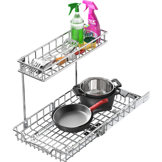 2-Tier Pull-Out Under Cabinet Organizer – Chrome Heavy-Duty Sliding Shelf System
