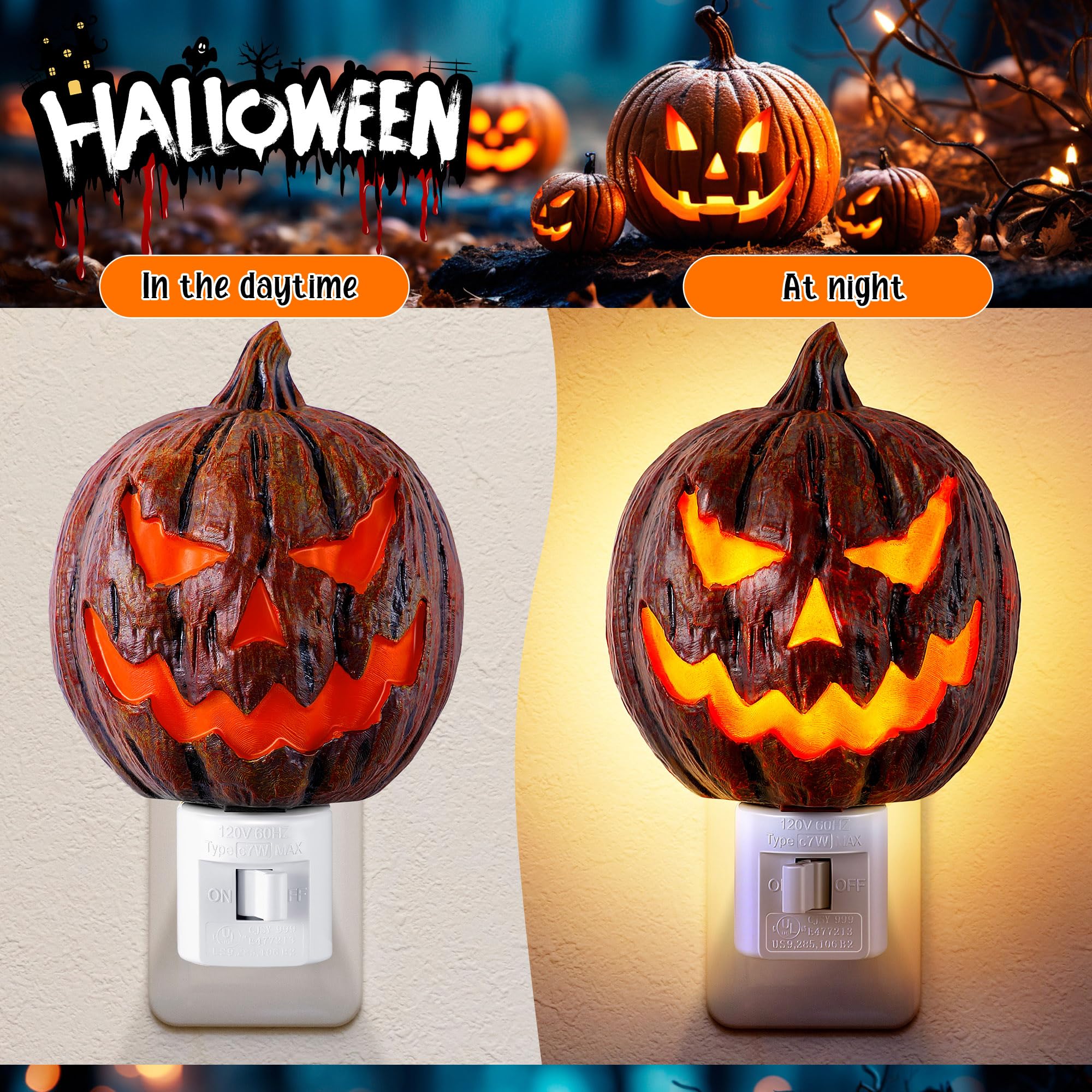 Halloween Plug-In Pumpkin Night Light – Orange Fireproof ABS Wall Lamp with Swivel Plug & C7 LED Bulb (5.1" Compact Design)
