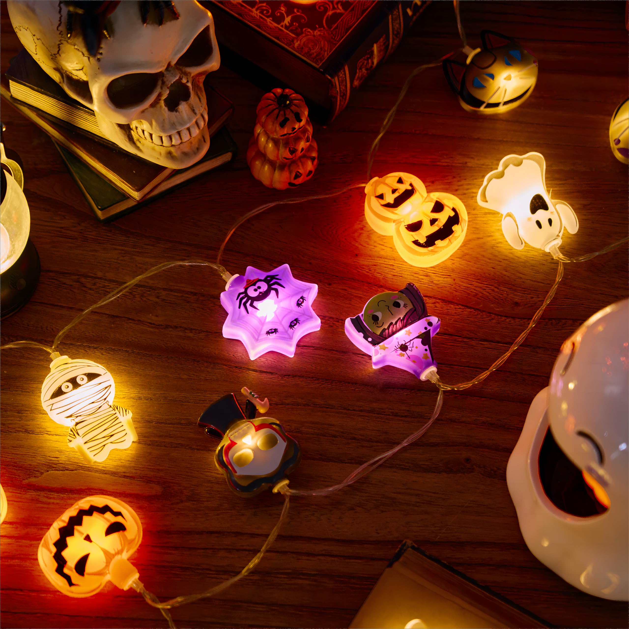 Halloween LED String Lights – 20 Battery-Operated Pumpkin, Ghost & Witch Lights with Timer & 8 Modes (9.8Ft)