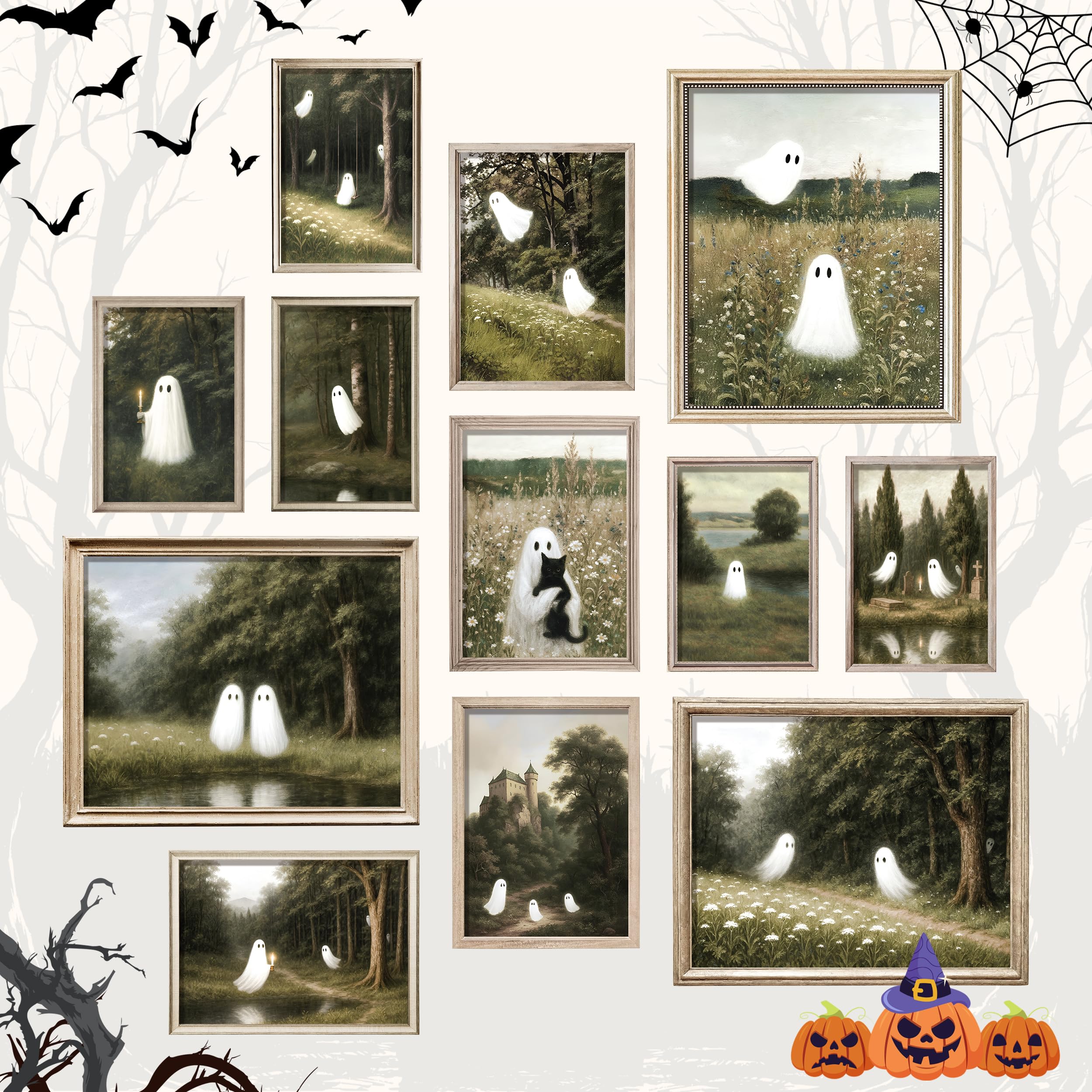Vintage Ghost Wall Art Set – 12PCS Cute & Spooky Halloween Prints for Aesthetic Home Décor (Unframed)