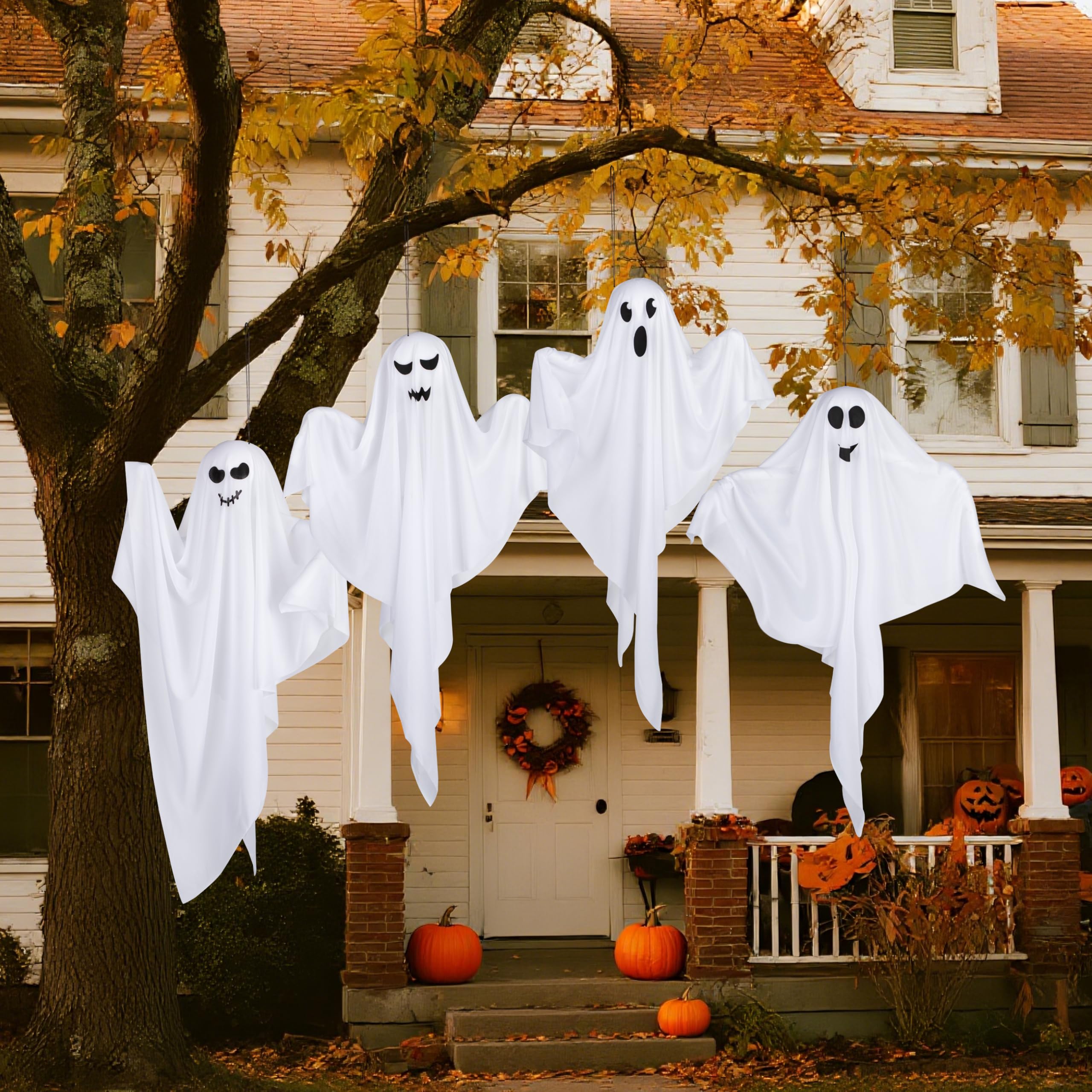 Blue LED Hanging Ghosts (4-Pack) – 27.5" Light-Up Halloween Decorations for Yard, Porch & Haunted House