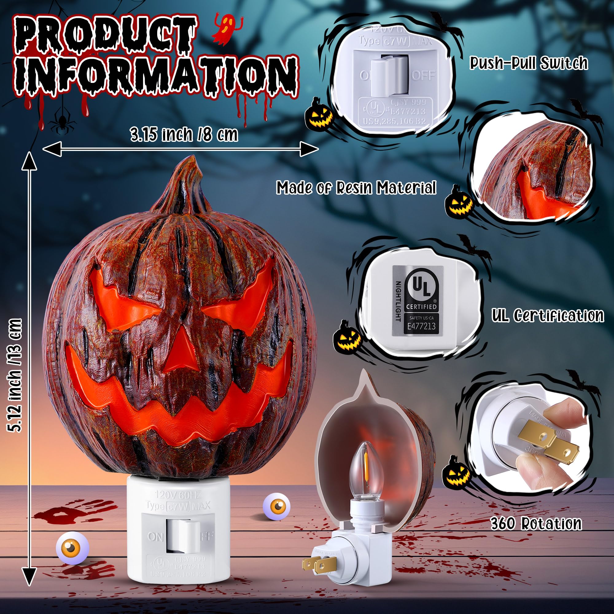 Halloween Plug-In Pumpkin Night Light – Orange Fireproof ABS Wall Lamp with Swivel Plug & C7 LED Bulb (5.1" Compact Design)
