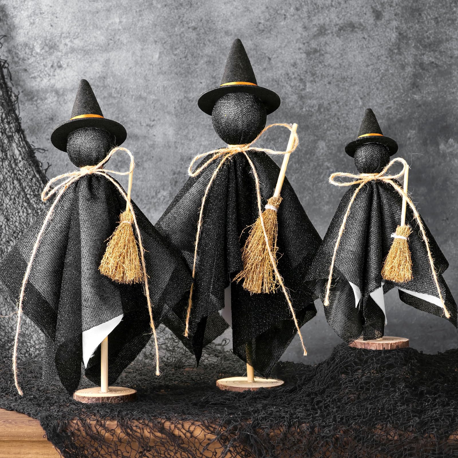 Black Witch Hat Table Decor – Set of 3 Rustic Halloween Witches for Desk, Shelf & Mantel Decorations