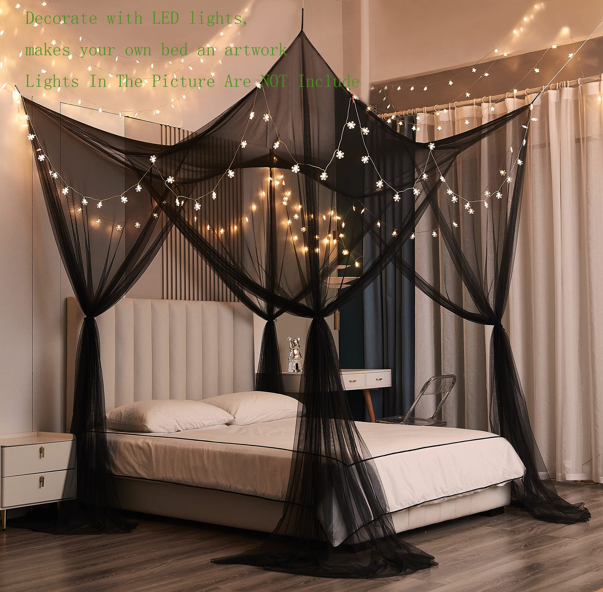 Gothic Black Bed Canopy – 4-Post Mosquito Net for Full, Queen & King Size Beds (Indoor/Outdoor Use)
