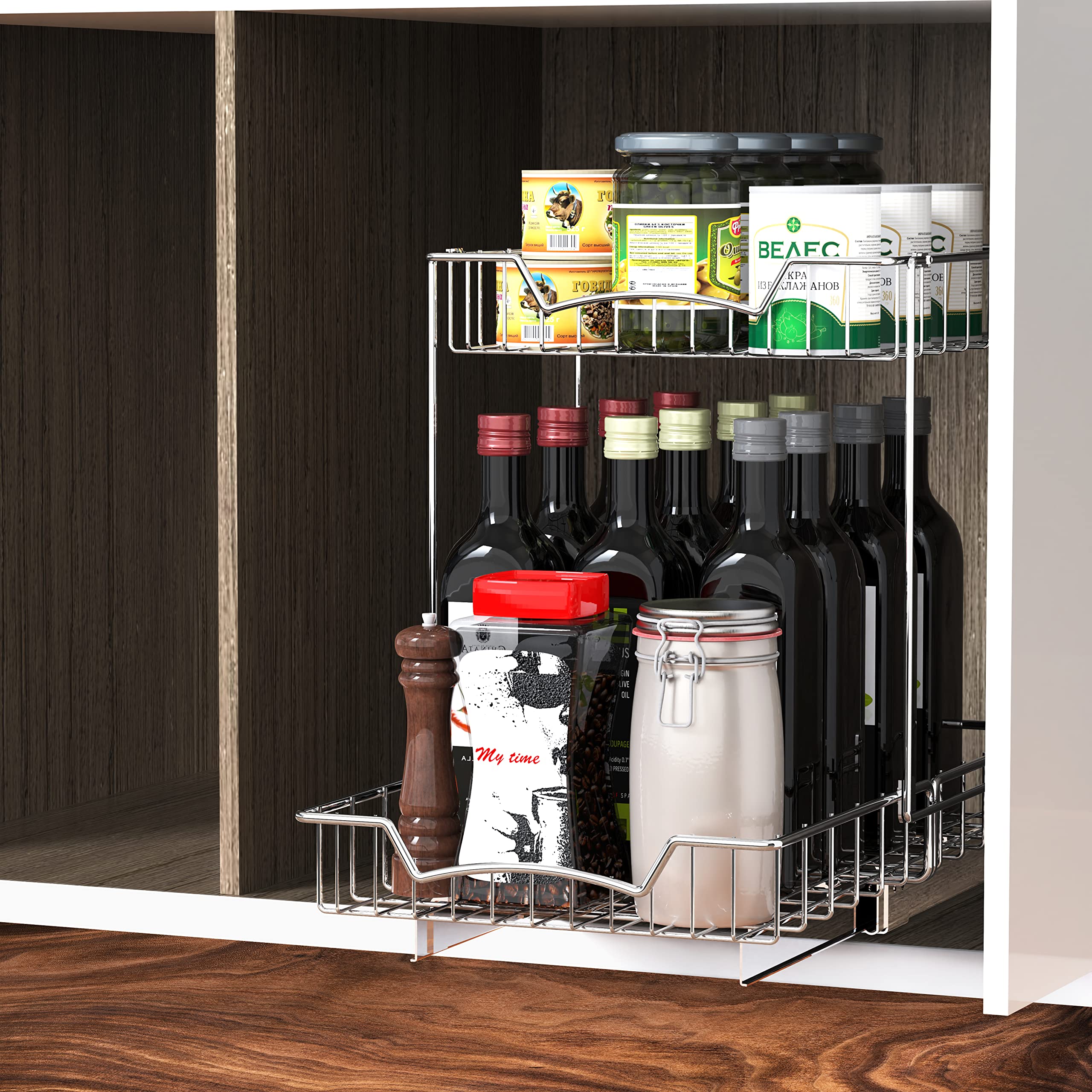 2-Tier Pull-Out Under Cabinet Organizer – Chrome Sliding Shelf with Heavy-Duty Ball Bearings (L-L)