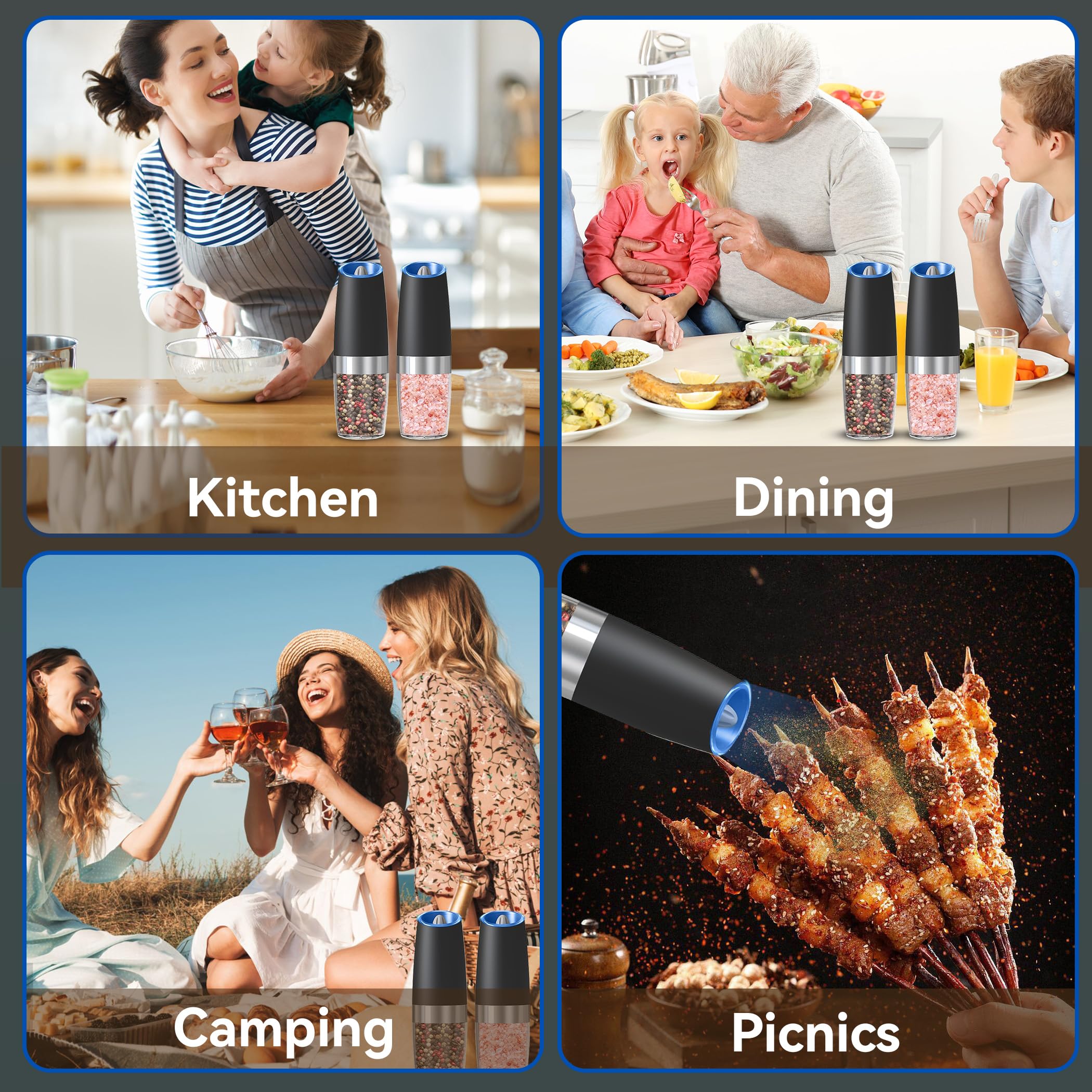 UNNEES Electric Salt & Pepper Grinder Set – Gravity Sensor, Adjustable Coarseness & LED Light