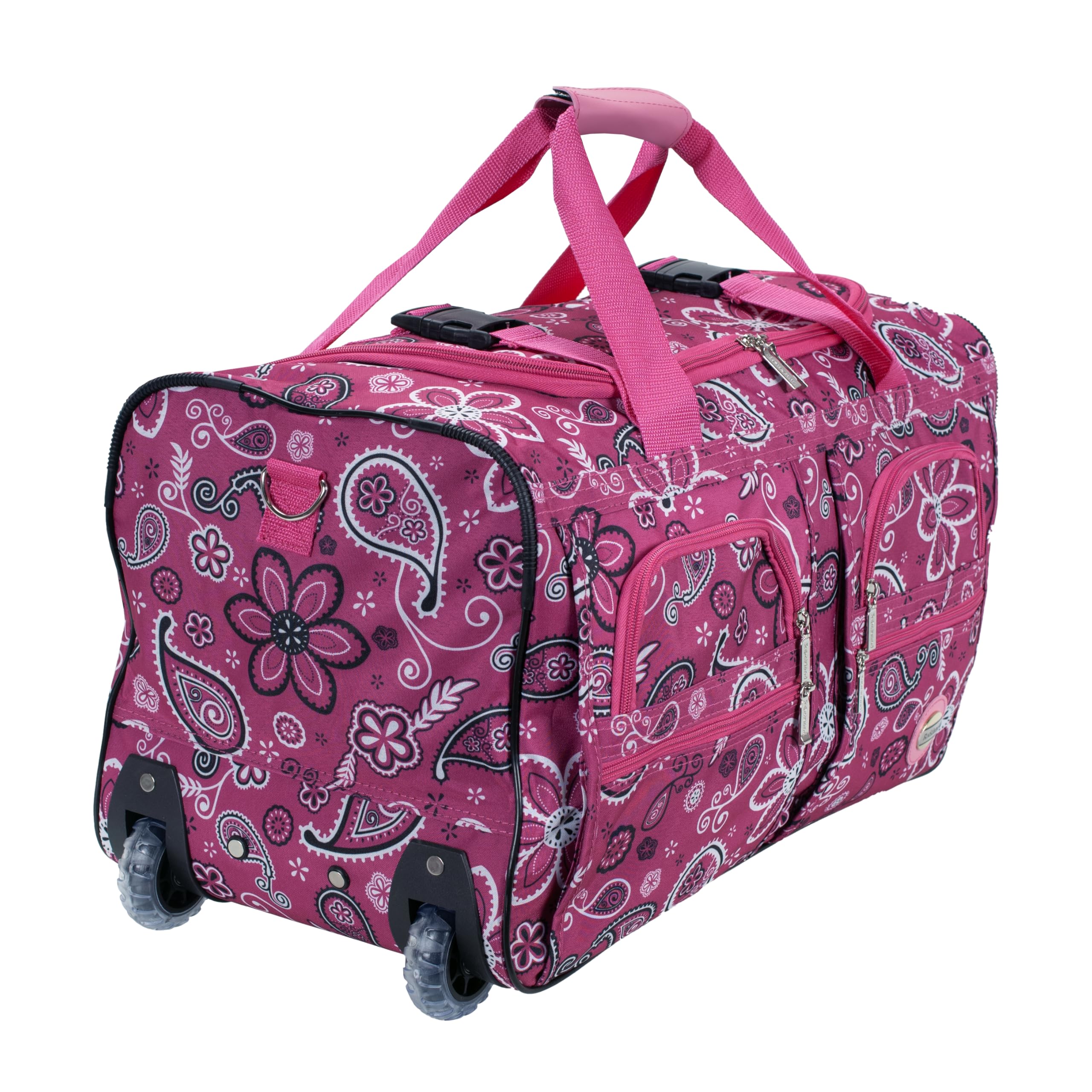 Rockland 22” Rolling Duffel Bag, Soft-Sided Travel Duffle with Extra-Large Wheels & Bandana Design (Pink Bandana)