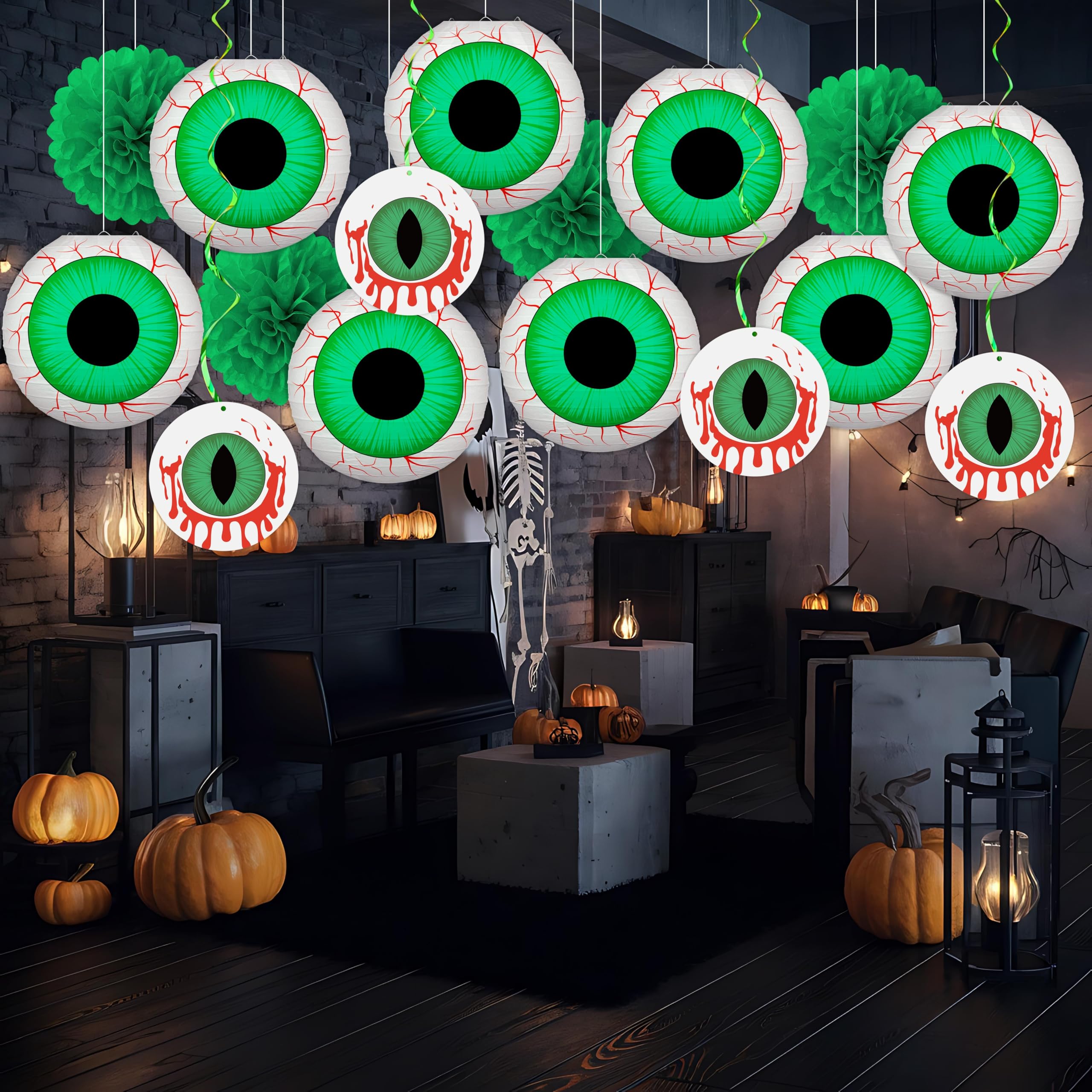 Halloween Green Eyeball Paper Lantern Set – 8 Pack with LED String Lights & Hanging Décor