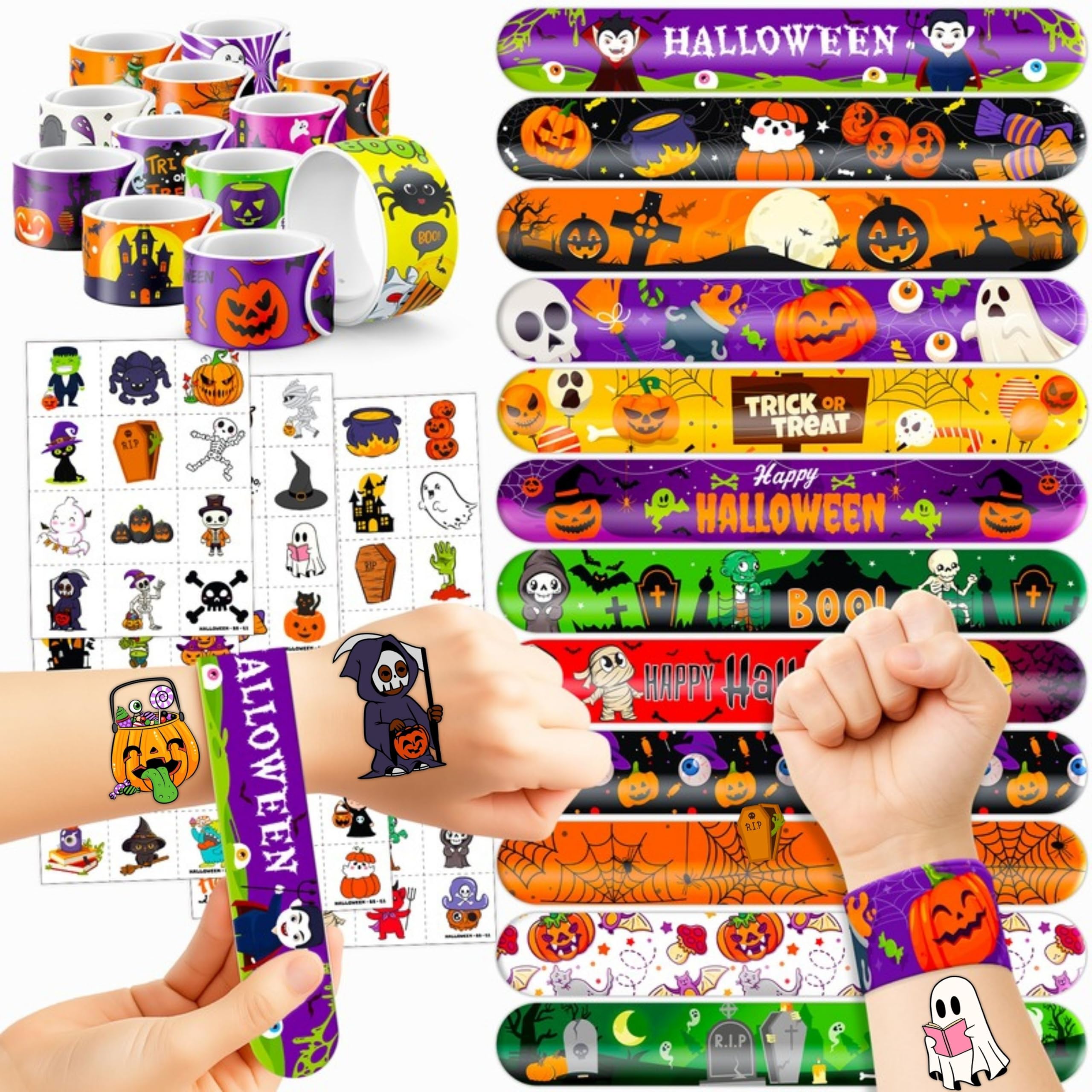 144PCS Halloween Party Favors Set – Slap Bracelets & Temporary Tattoos for Kids 🎃👻🕸 Perfect Trick-or-Treat Bundle