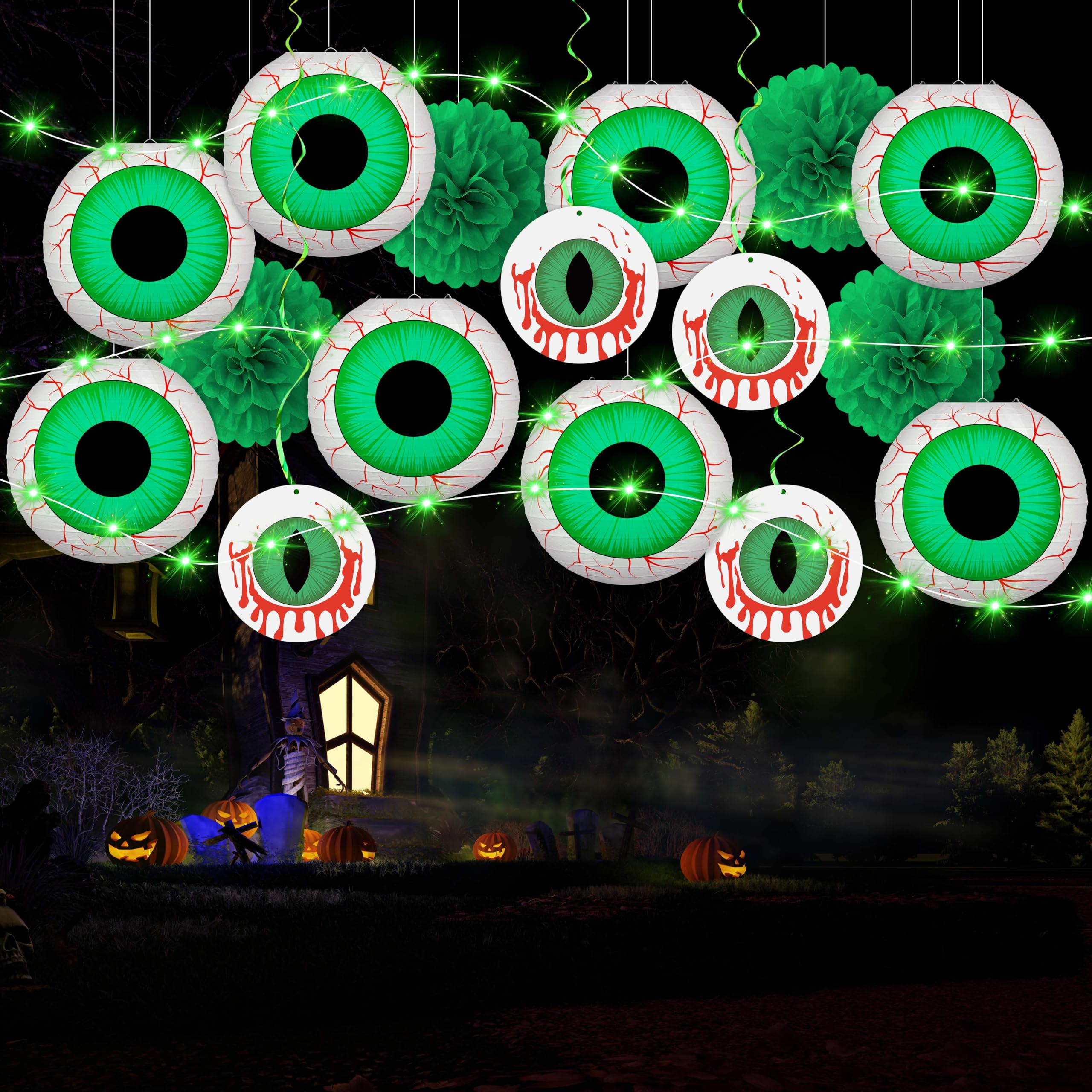 Halloween Green Eyeball Paper Lantern Set – 8 Pack with LED String Lights & Hanging Décor