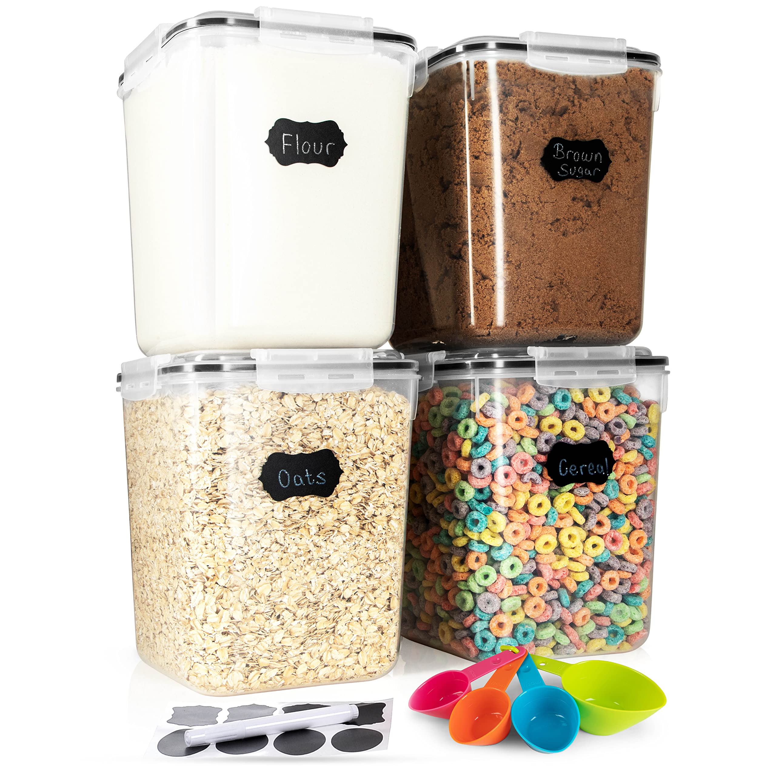 Large Airtight Rice Storage Containers Set – 4 Square 5.3L Pantry Canisters with Measuring Scoops & Labels