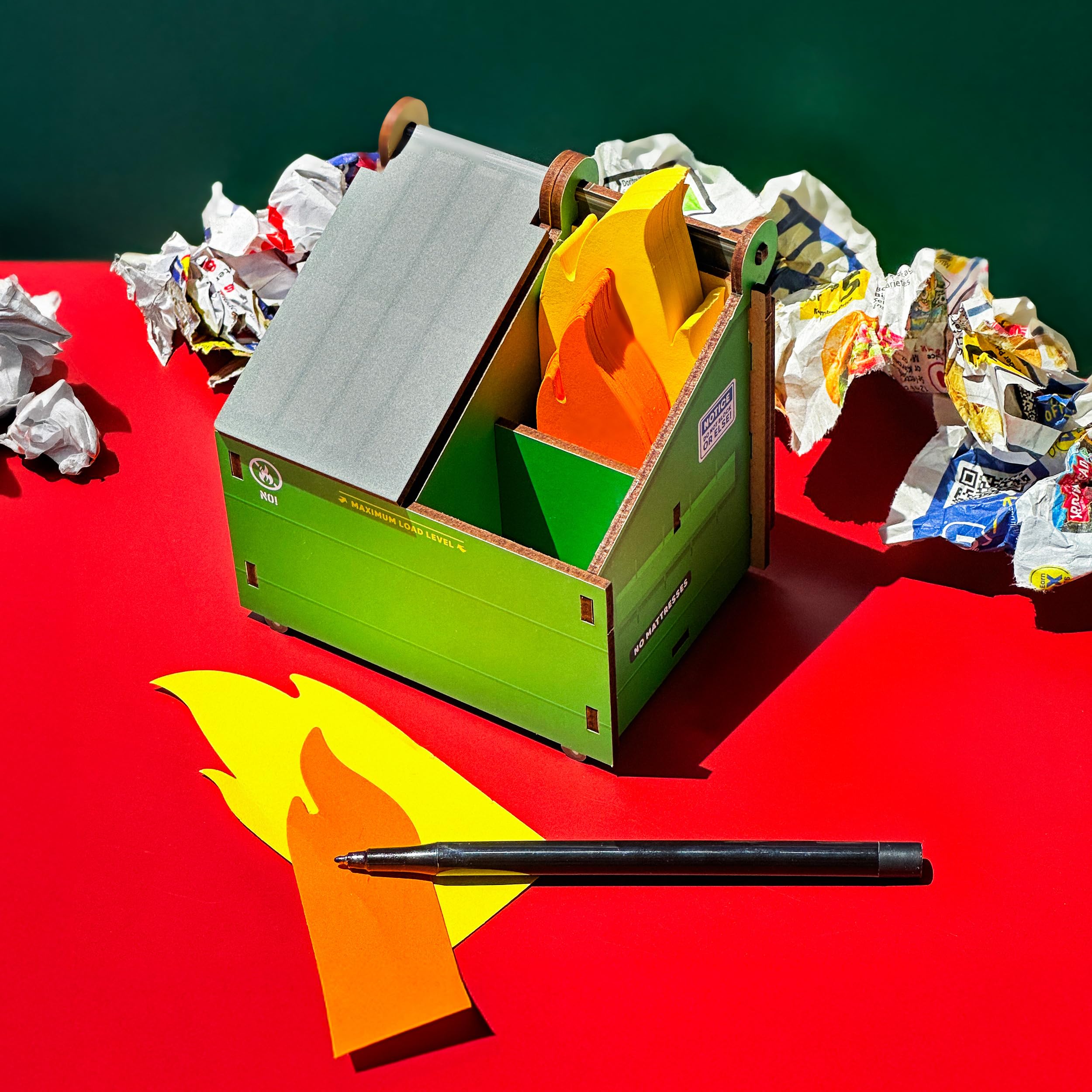 Genuine Fred Desk Dumpster Pencil Holder Funny 3-Compartment Office Organizer with Flame Note Cards