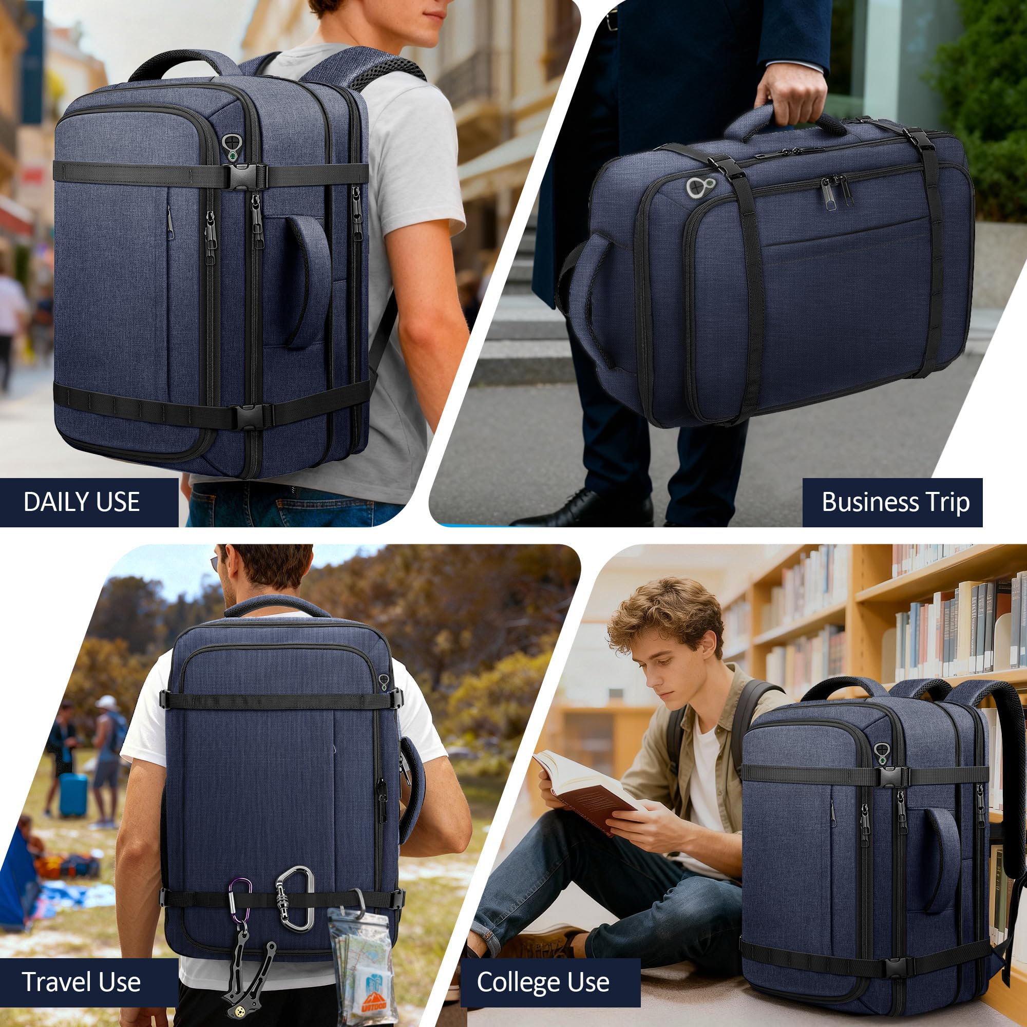 Expandable 40–50L Carry-On Travel Backpack with USB Cable Port – 17.3” Laptop, Blue