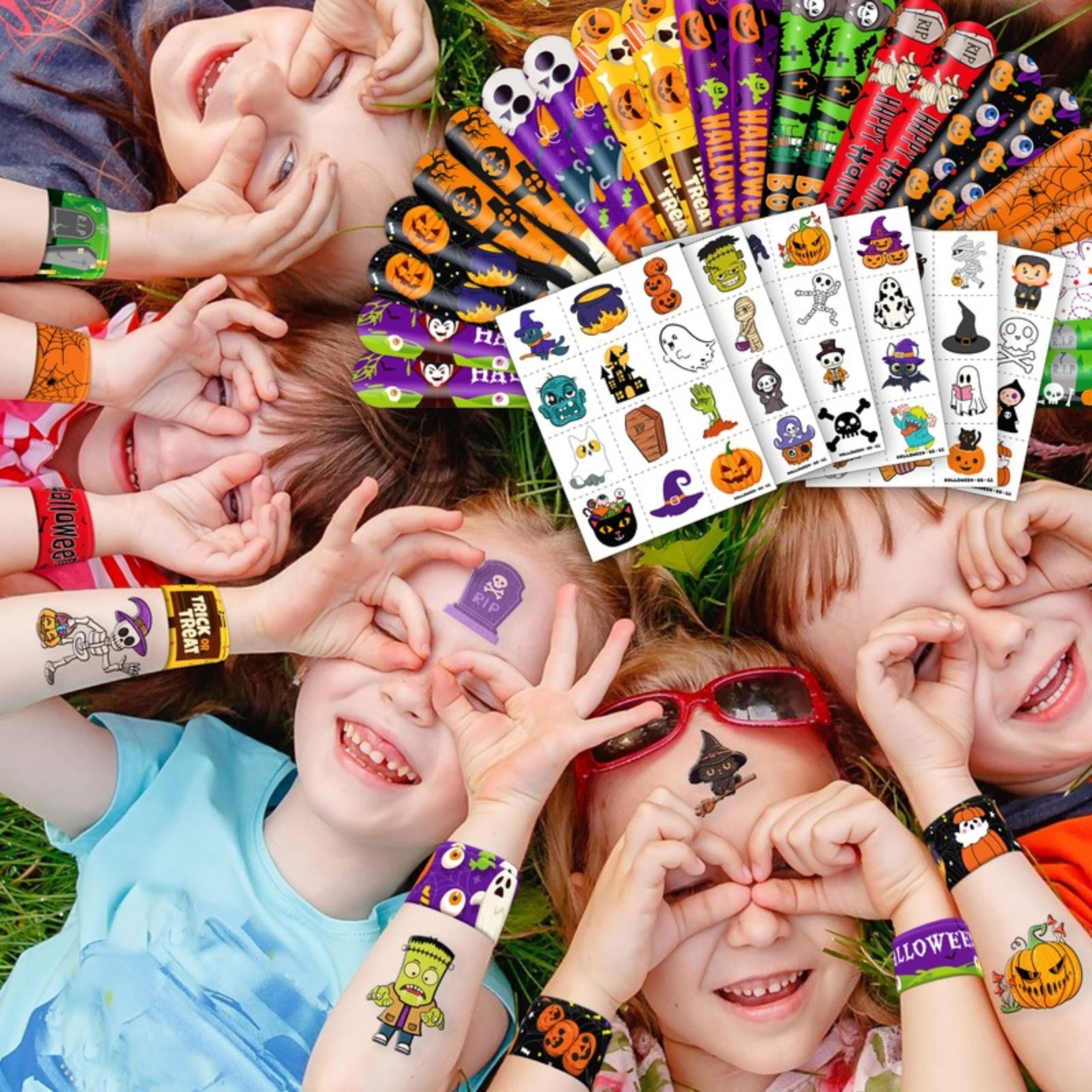144PCS Halloween Party Favors Set – Slap Bracelets & Temporary Tattoos for Kids 🎃👻🕸 Perfect Trick-or-Treat Bundle