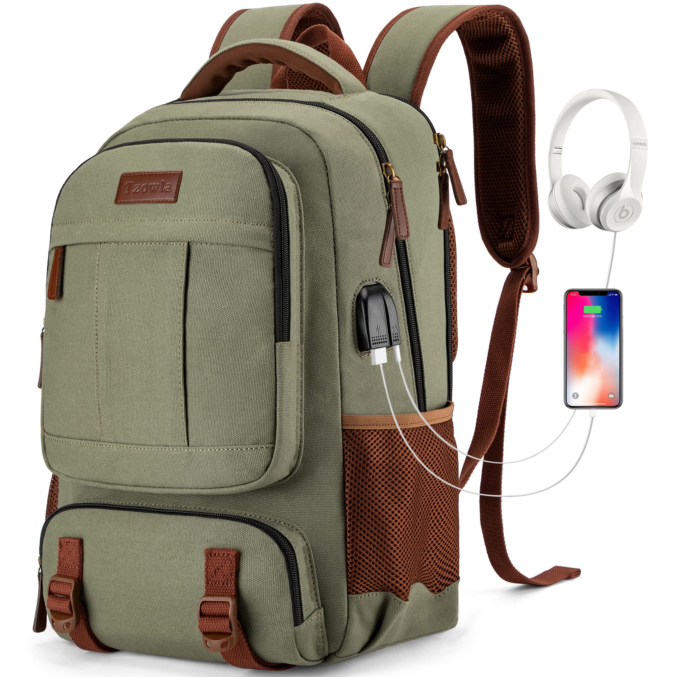 Tzowla Green Canvas Laptop Backpack with USB & Headphone Port – 15.6″ Large Capacity Travel Rucksack