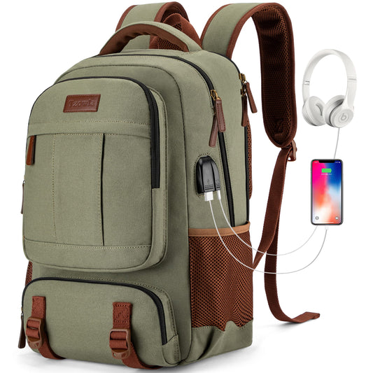Tzowla Green Canvas Laptop Backpack with USB & Headphone Port – 15.6″ Large Capacity Travel Rucksack