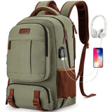 Tzowla Green Canvas Laptop Backpack with USB & Headphone Port – 15.6″ Large Capacity Travel Rucksack