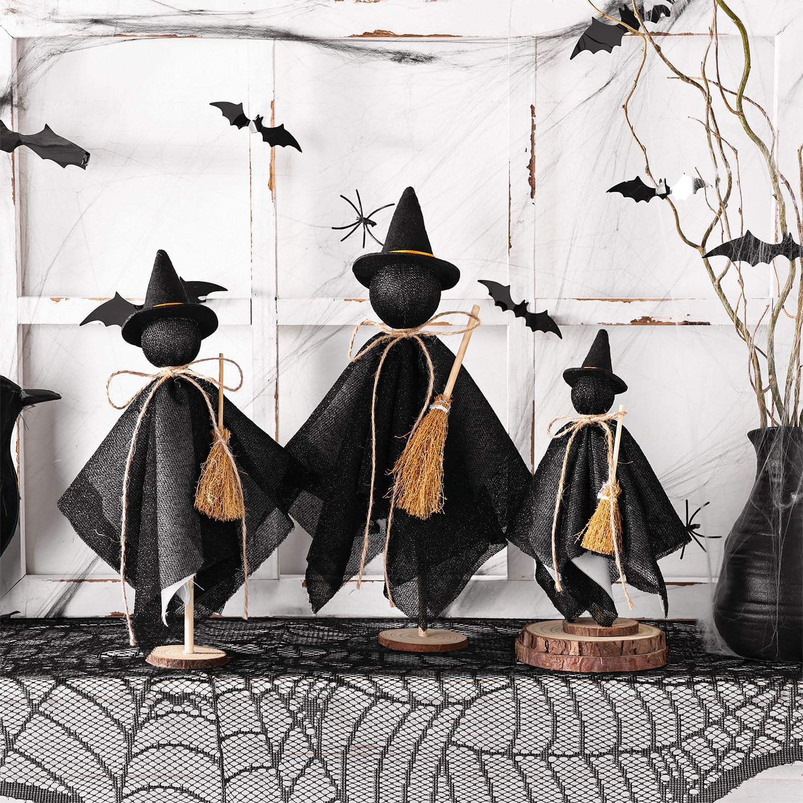 Black Witch Hat Table Decor – Set of 3 Rustic Halloween Witches for Desk, Shelf & Mantel Decorations