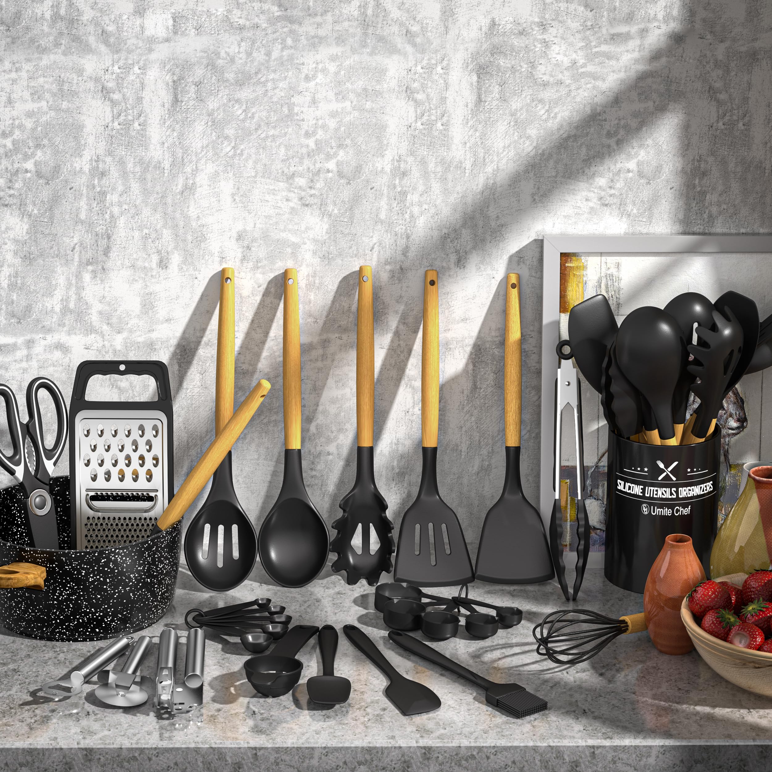34-Piece Silicone Kitchen Utensil Set with Holder – BPA-Free, Stainless Steel Core (Black)