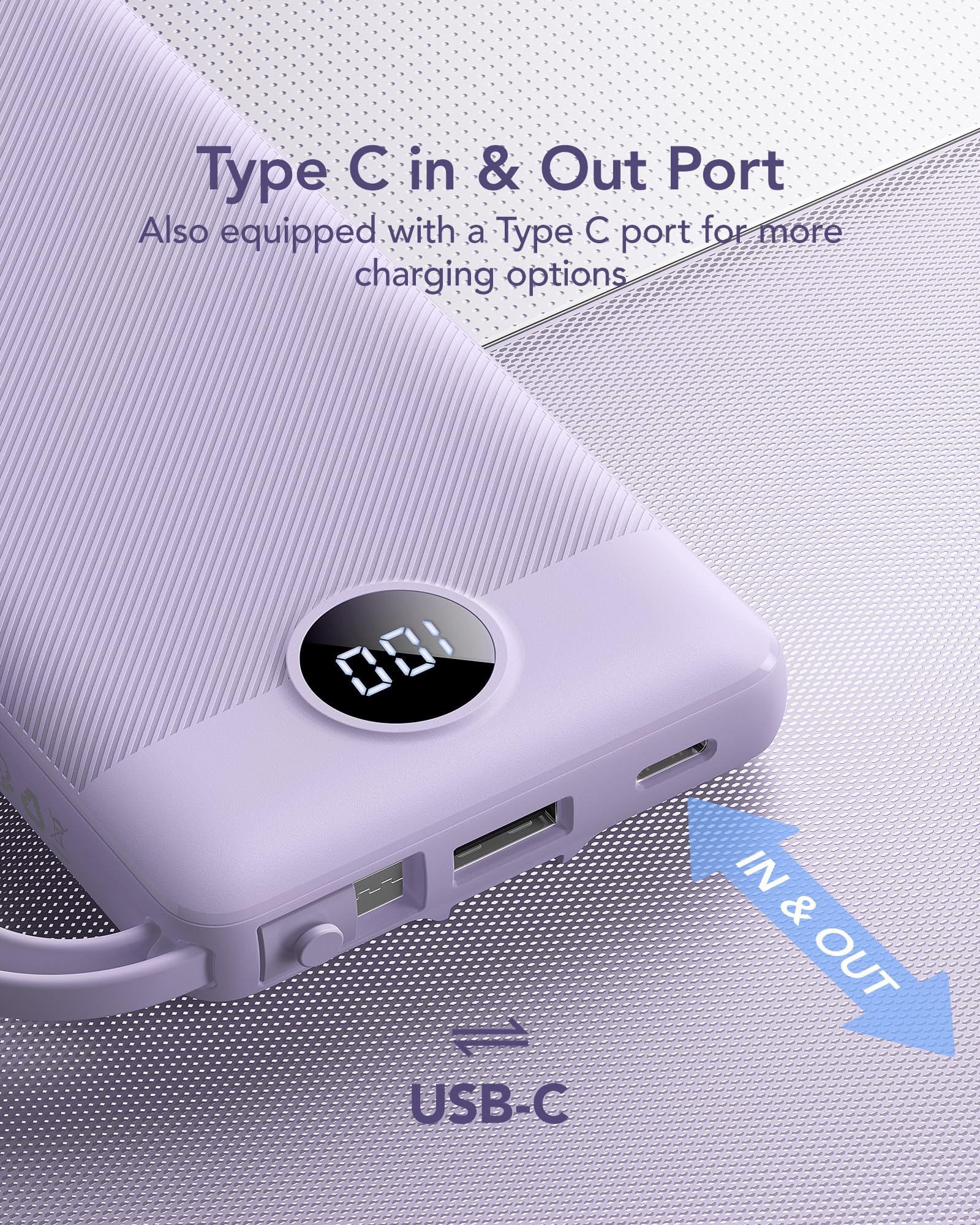 VRURC 10000mAh Slim Power Bank with Built-in Multi Cables & USB-C Fast Recharge – Smart Travel Battery Pack Lavender
