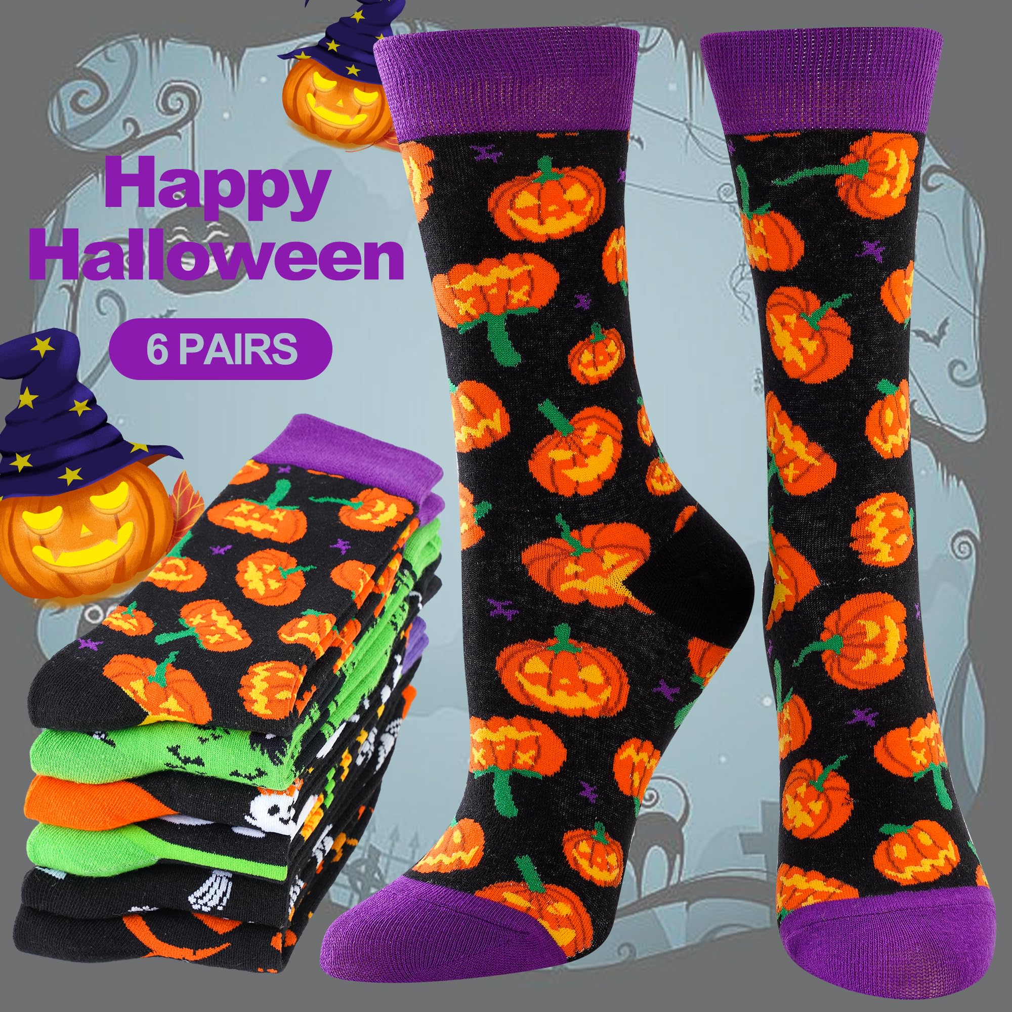 6Pairs Women’s Halloween Socks – Pumpkin, Ghost, Witch, Owl & Skeleton Crew Socks for Festive Comfort
