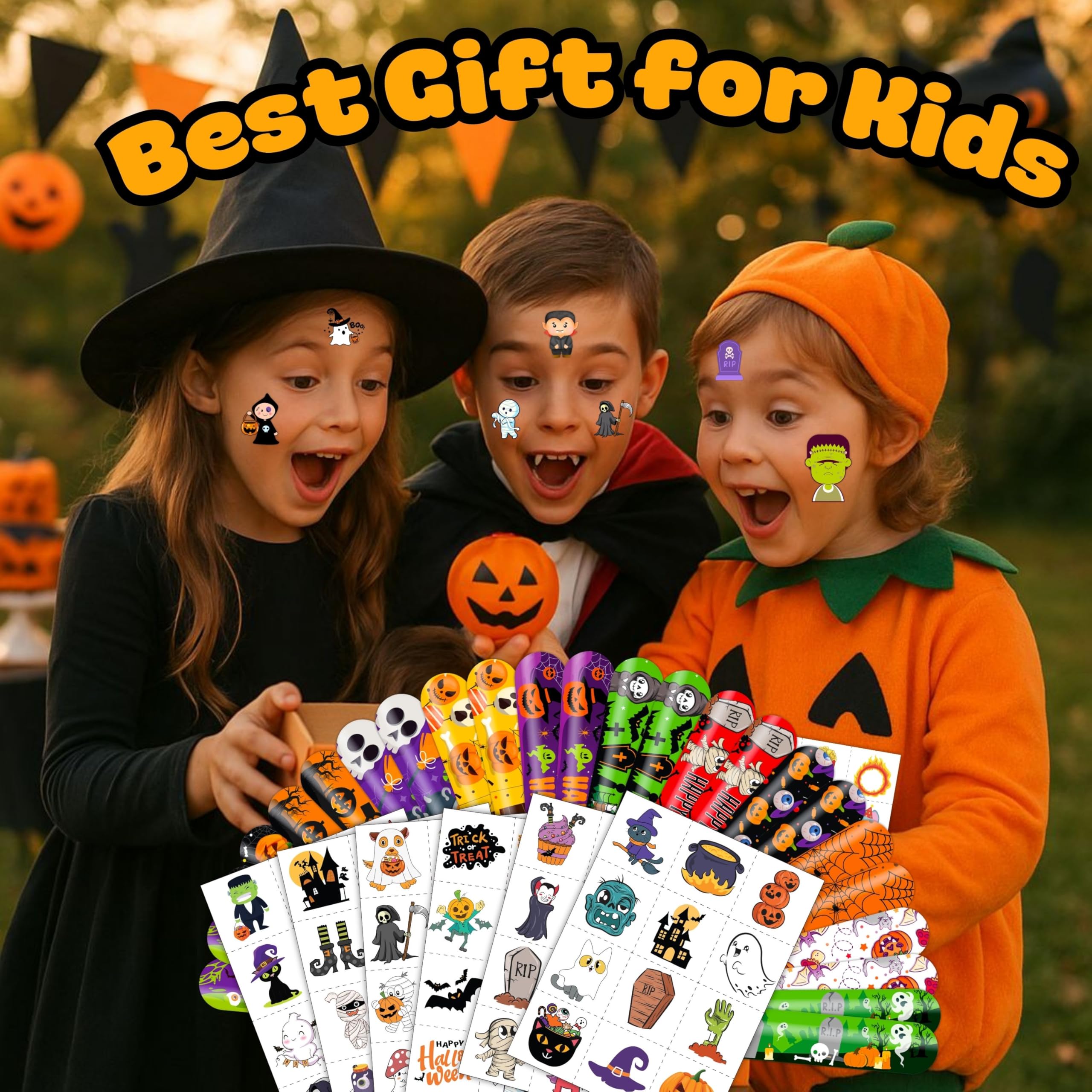 144PCS Halloween Party Favors Set – Slap Bracelets & Temporary Tattoos for Kids 🎃👻🕸 Perfect Trick-or-Treat Bundle