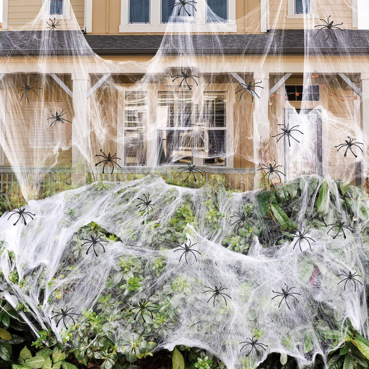 Giant Halloween Spider Web with 150 Fake Spiders – 420g Ultra-Stretch Cobwebs Covering 1400 sq ft, Indoor & Outdoor Haunted Decoration (White)