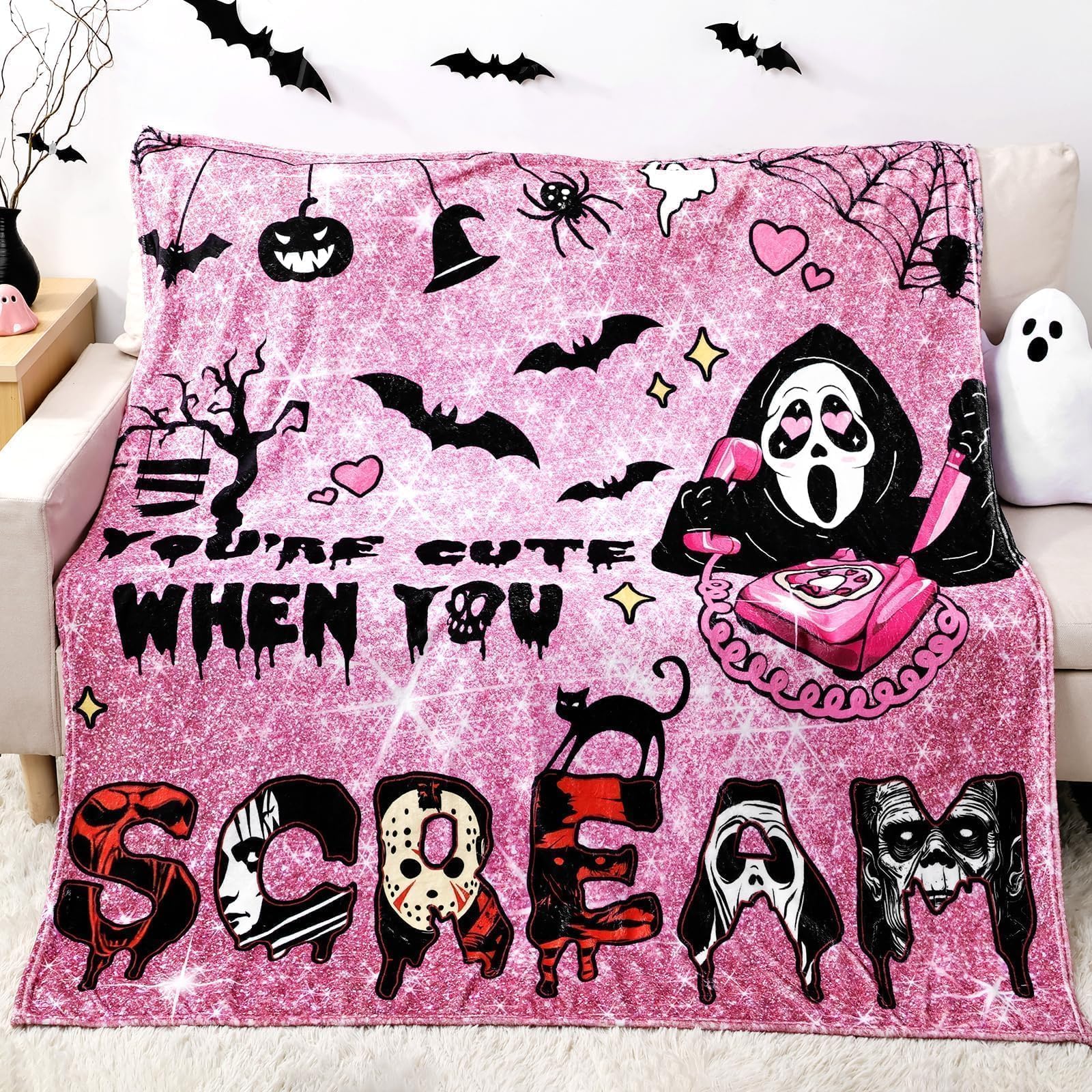 Halloween Pink Ghost Throw Blanket – 60"x60" Soft Flannel Horror Blanket for Couch, Bed & Travel