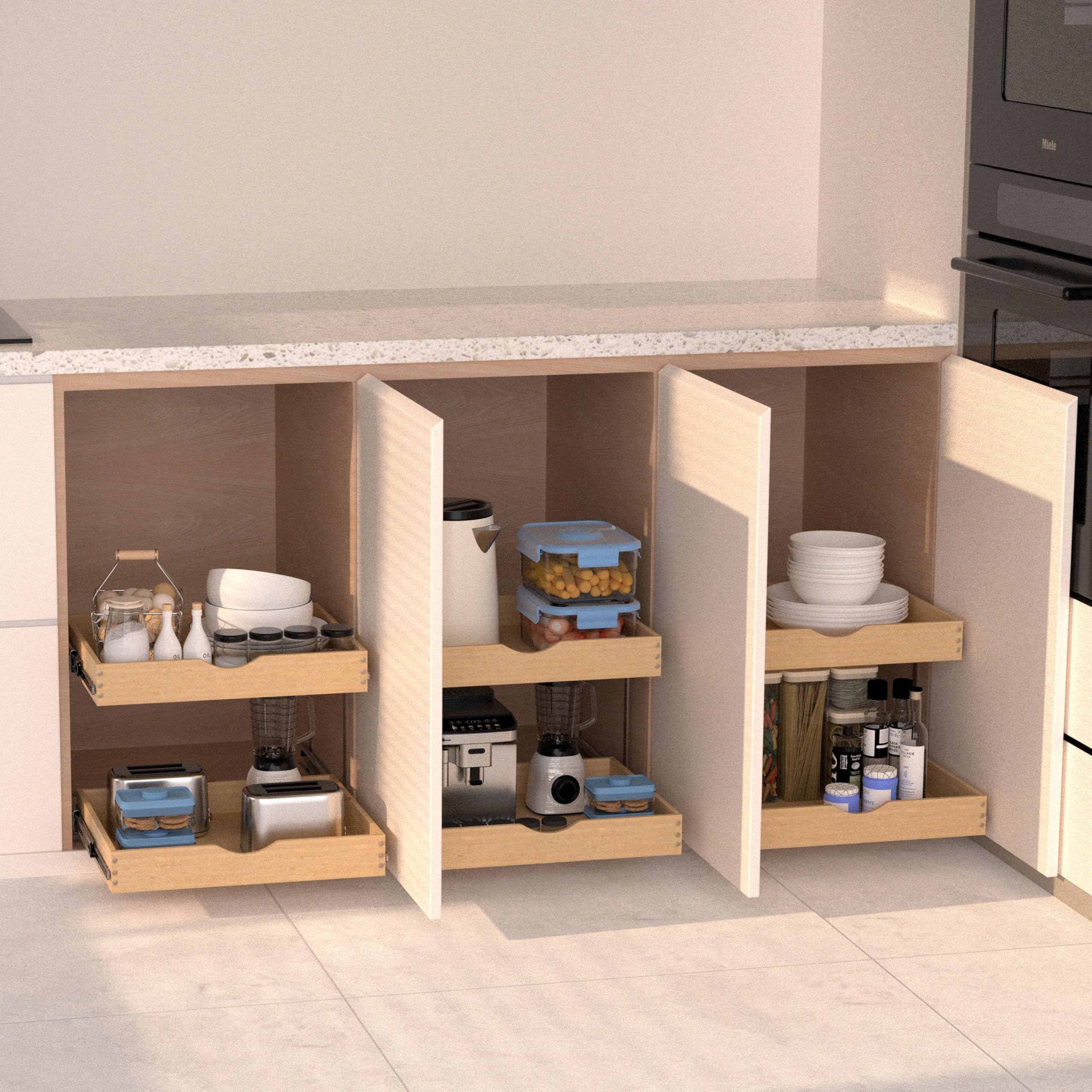 Jowboow Compact 2-Tier Wooden Pull-Out Cabinet Shelves – Heavy-Duty Independent Slide-Out Drawers