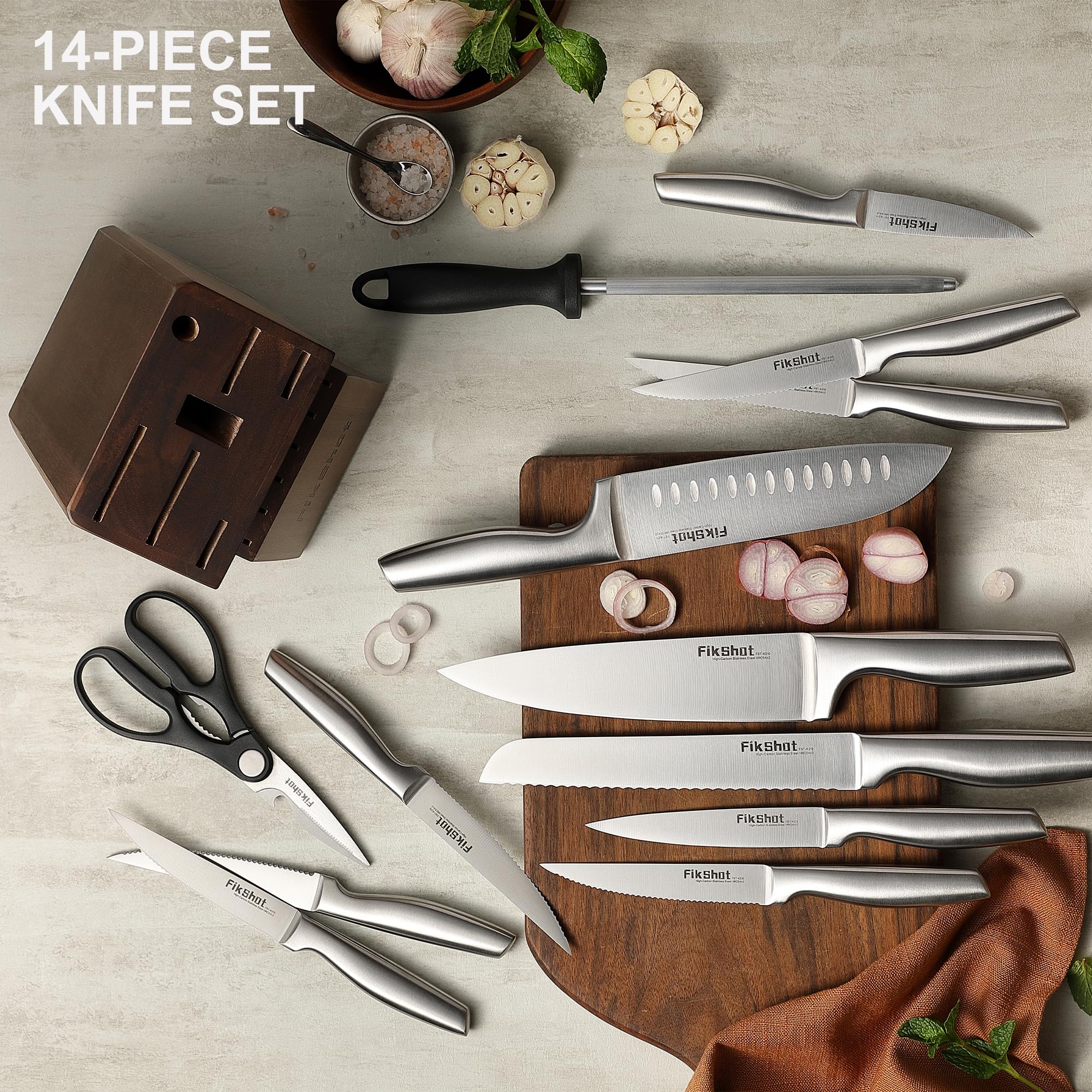 Stainless Steel Kitchen Knife Set with Wooden Block & Built-In Sharpener