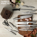 Stainless Steel Kitchen Knife Set with Wooden Block & Built-In Sharpener
