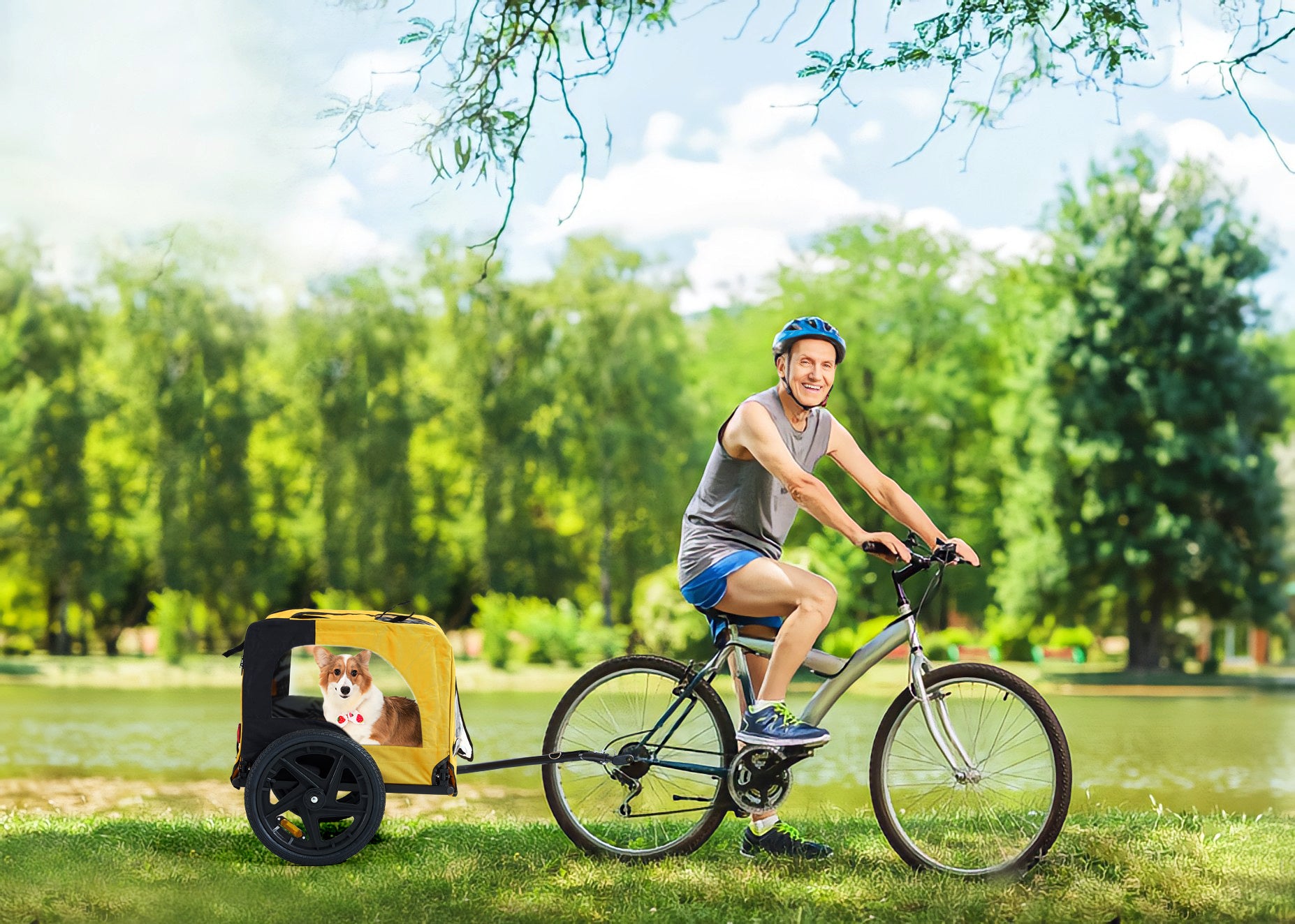 Yellow Heavy-Duty Foldable Pet Stroller & Bike Trailer – Weatherproof with Quick-Release Wheels & Ventilated Canopy